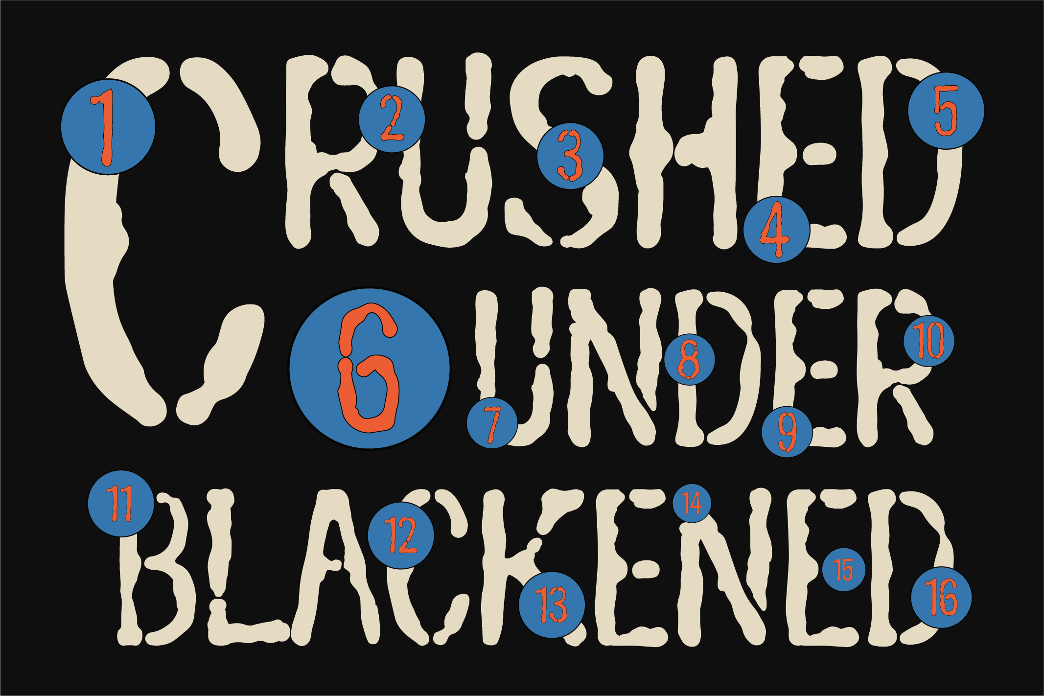 Retro font with numbered blue circles overlaid on cream letters against black background