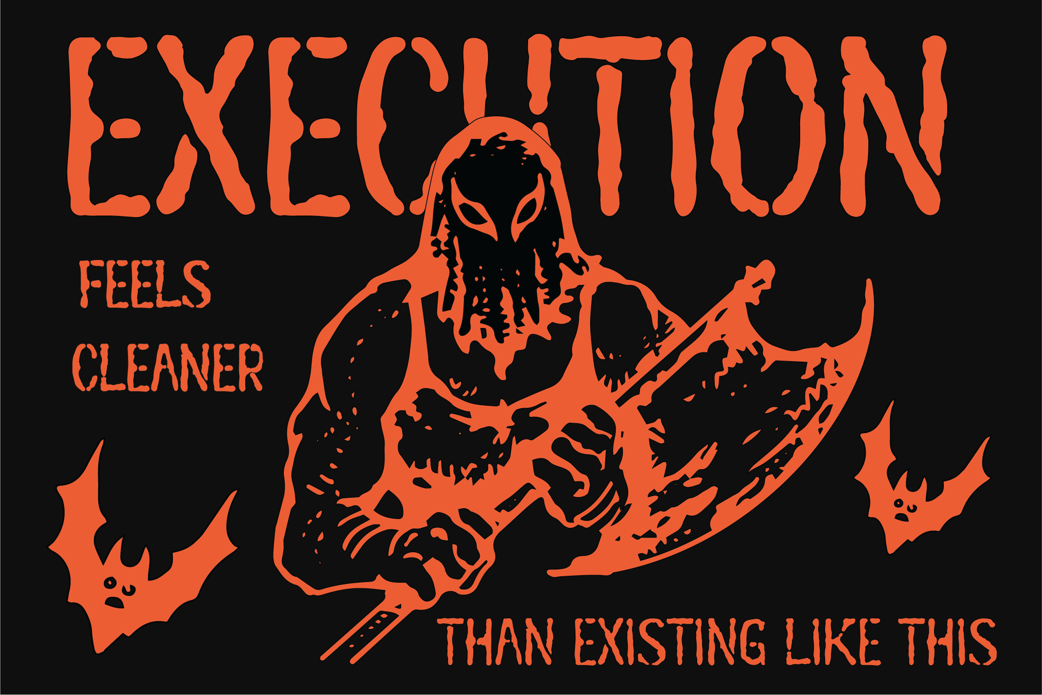 Grungy orange extinction poster with skeletal alien figure, bats, distressed lettering on black background