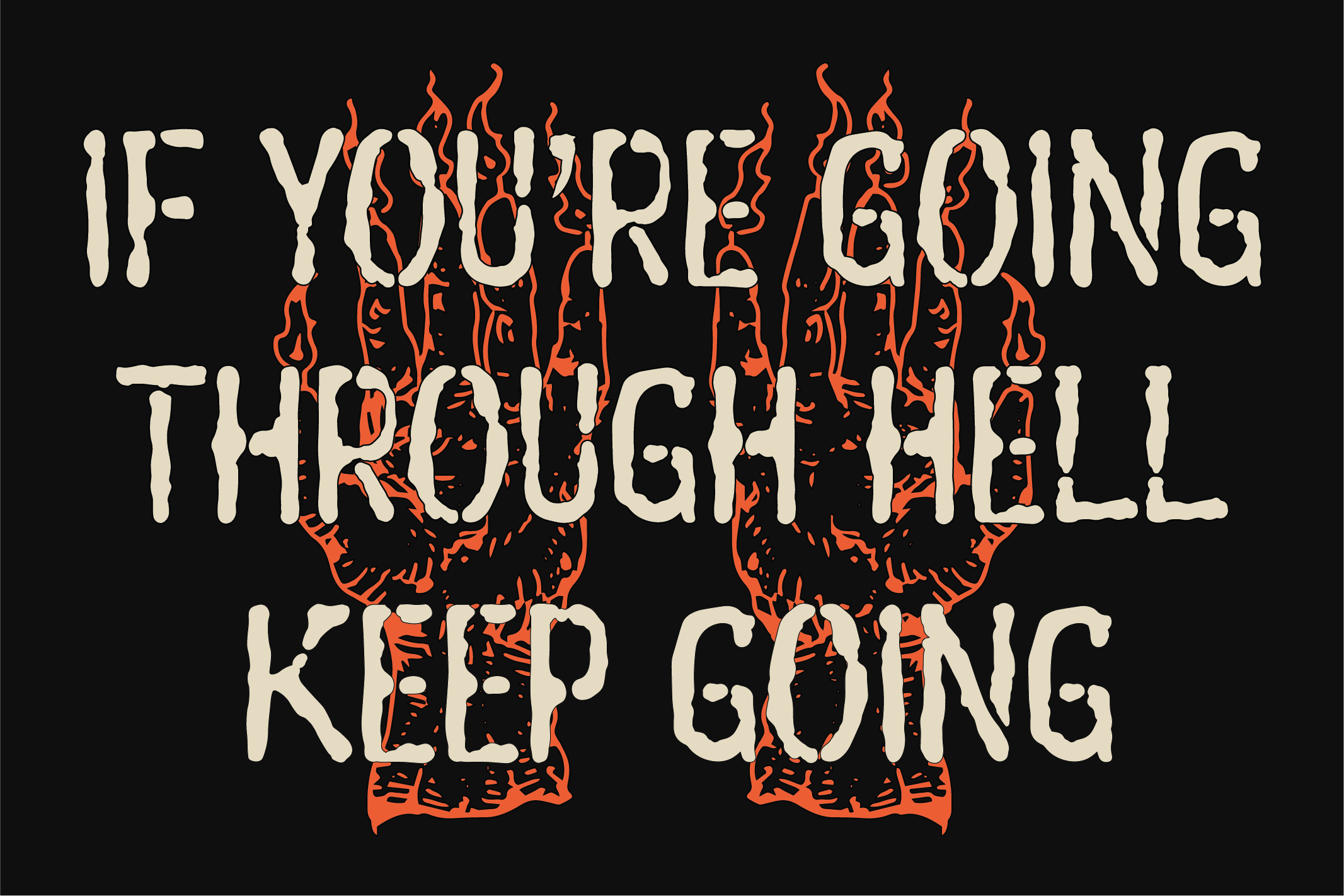 Bold cream lettering with flaming hands breaking through text on black background