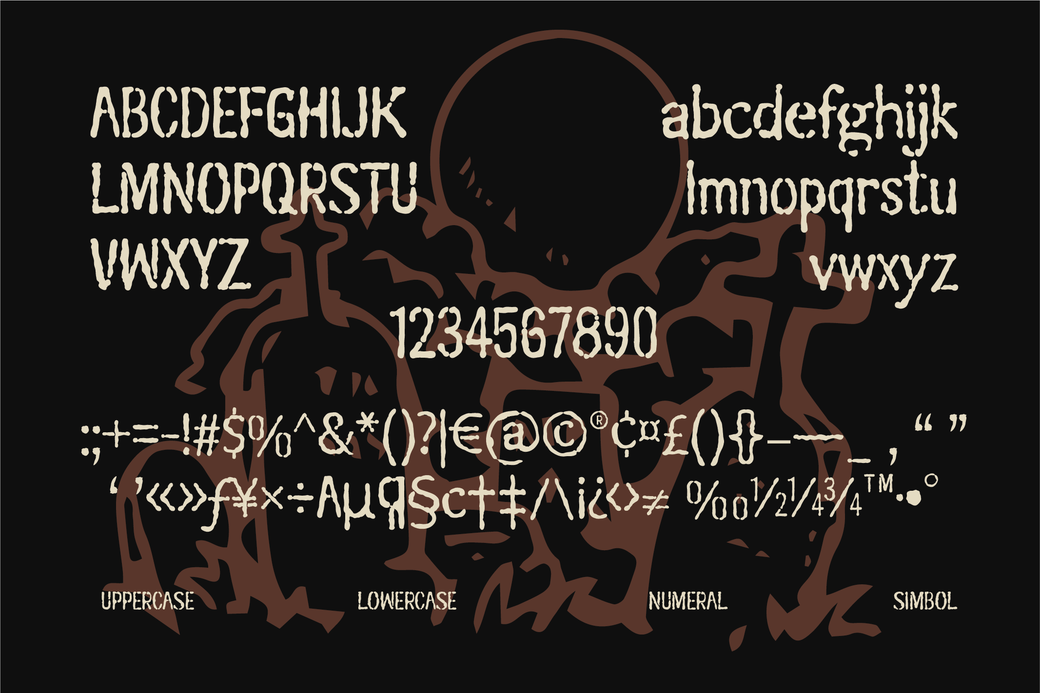 Organic serif font with uppercase, lowercase, numbers, symbols on textured brown skull graphic