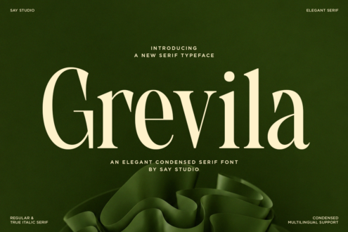 Grevia serif font display with cream lettering on deep green background with fabric texture