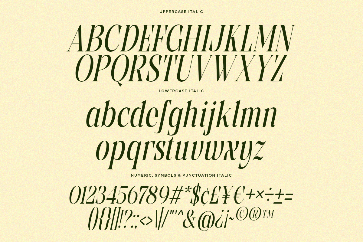 Elegant serif typeface showing uppercase, lowercase, numbers, symbols on cream background