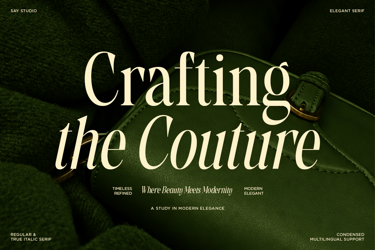 Elegant serif font mockup with cream letterforms on rich green leather backdrop with vintage buckle