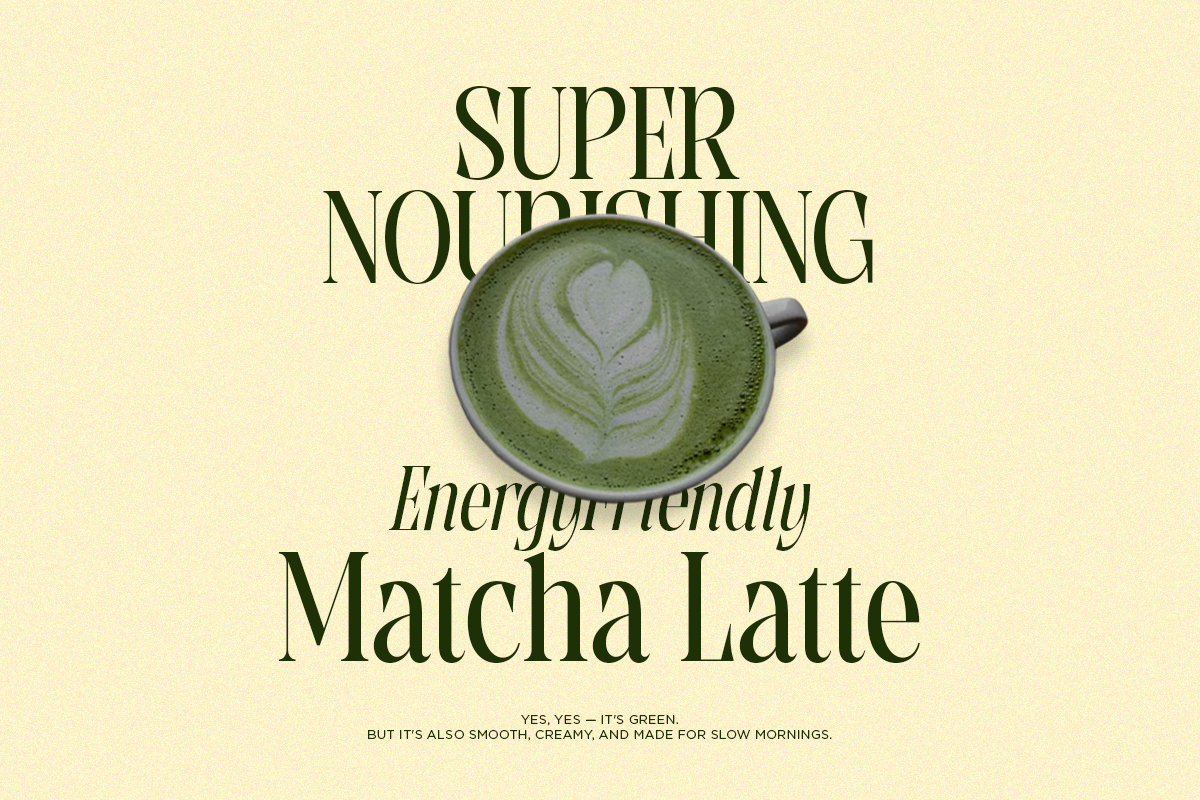 Matcha latte poster with cream-colored background, serif typography, overhead mug shot