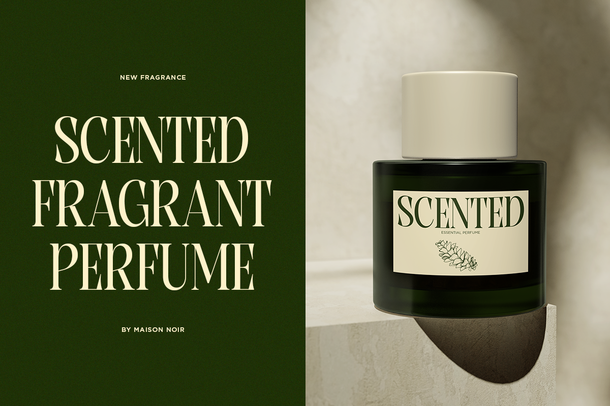 Split screen mockup showing luxury perfume bottle with cream cap on beige pedestal, dark green side with cream serif typography