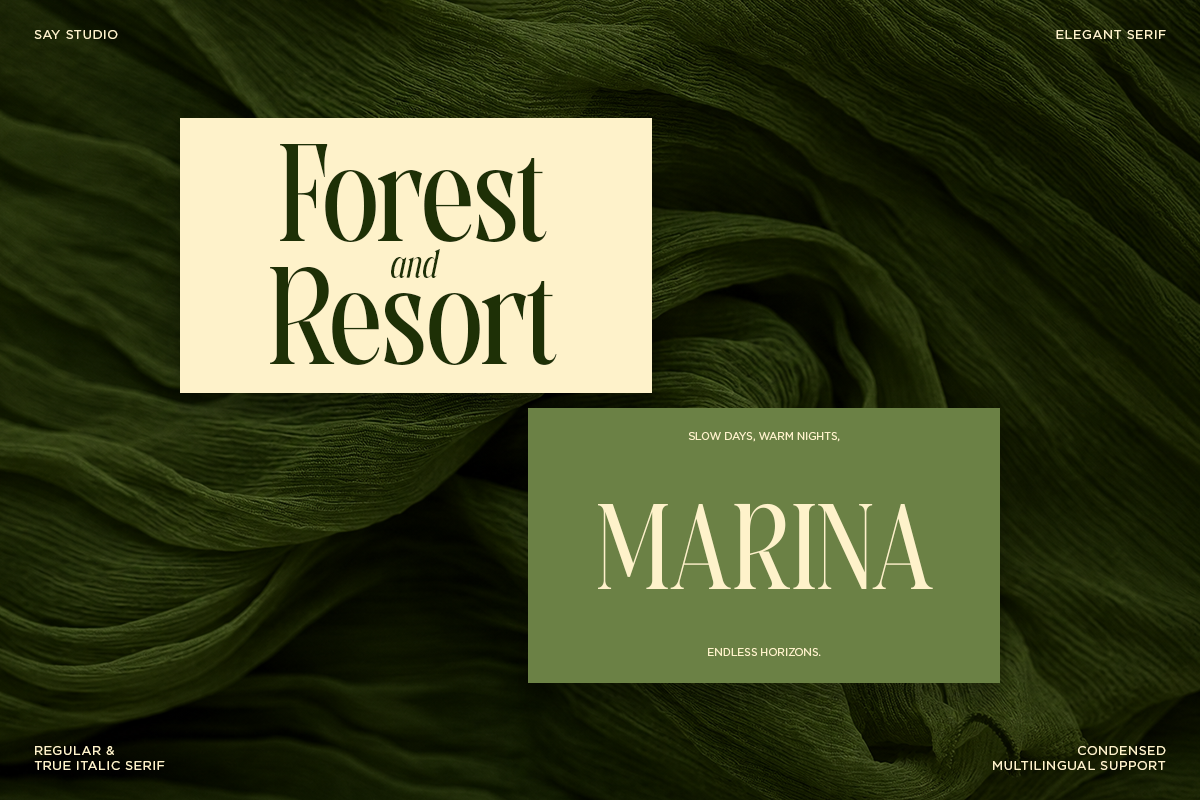 Elegant serif font displayed on cream box with "Forest Resort" text over lush green fabric background