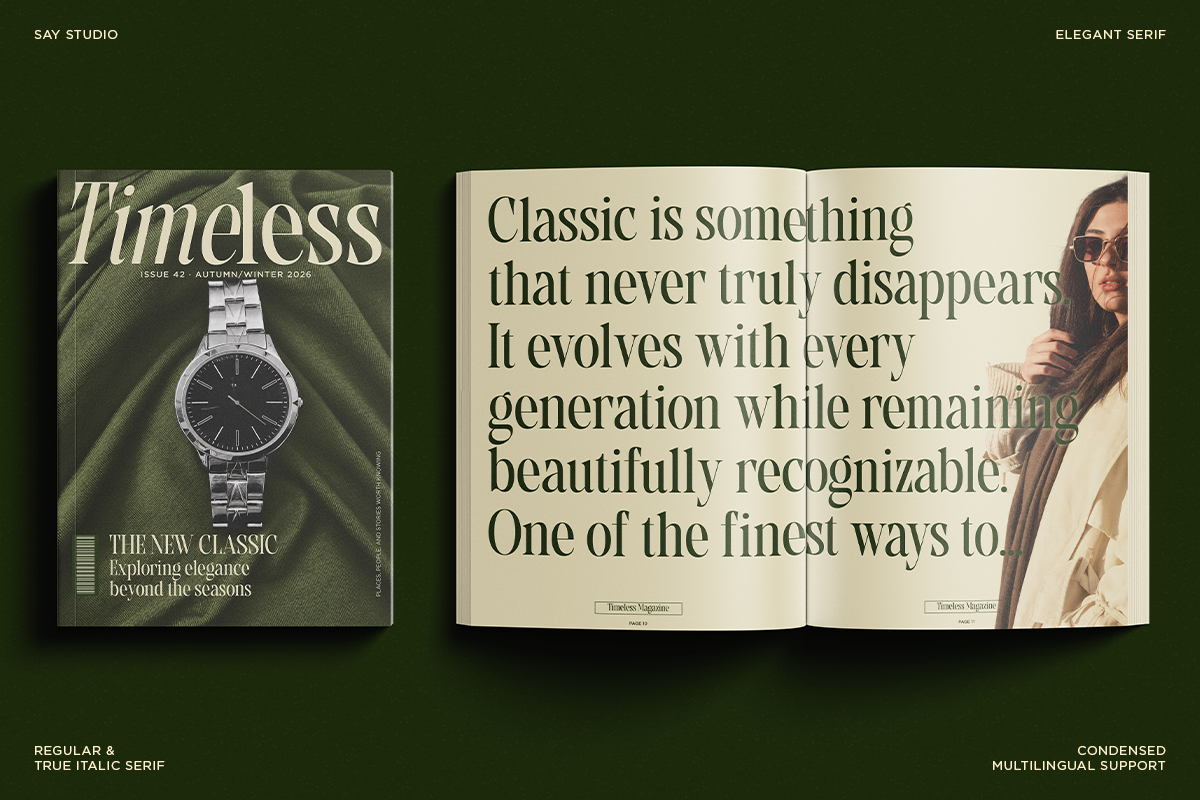 Magazine spread mockup showing luxury watch on dark green cover with open interior pages displaying serif typography over cream background with fashion photography