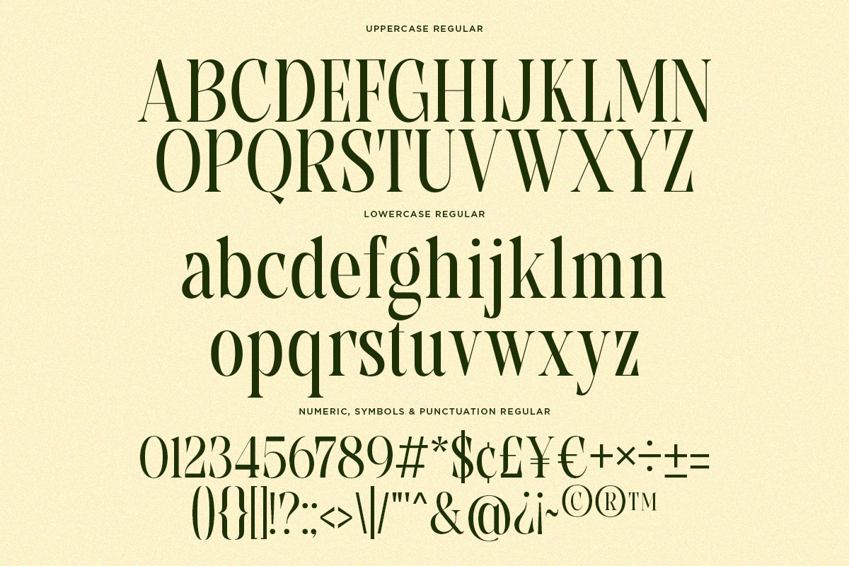 Serif font displaying uppercase, lowercase, numbers, symbols on cream background