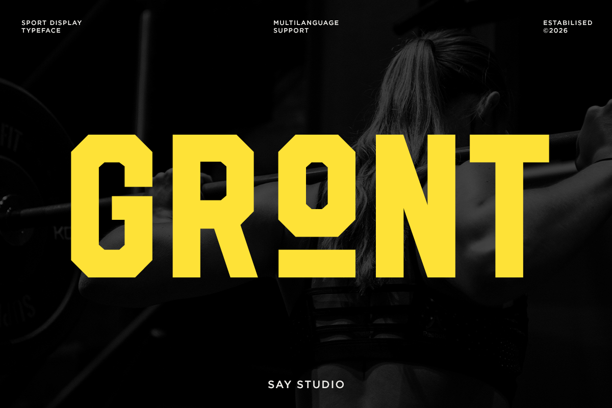 Gront sport typeface in bold yellow letters over dark athletic background imagery