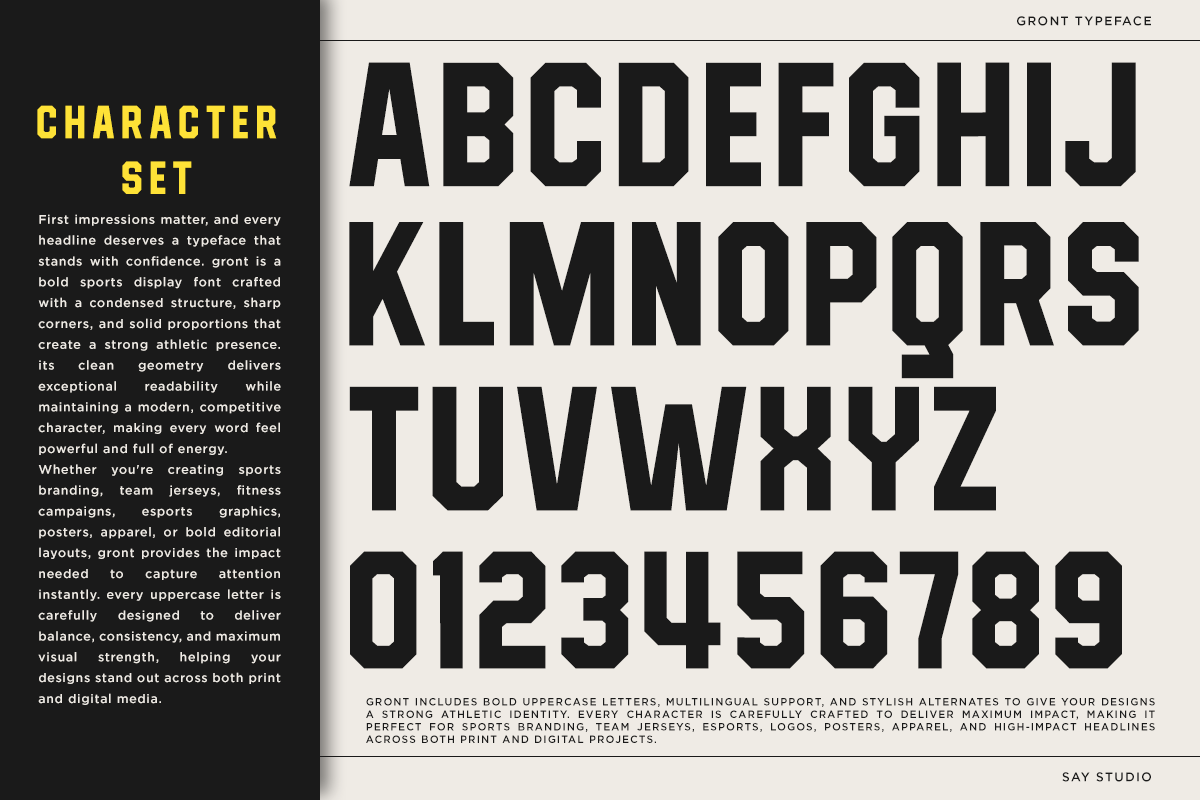 Gront typeface character set showing bold uppercase letters with numbers