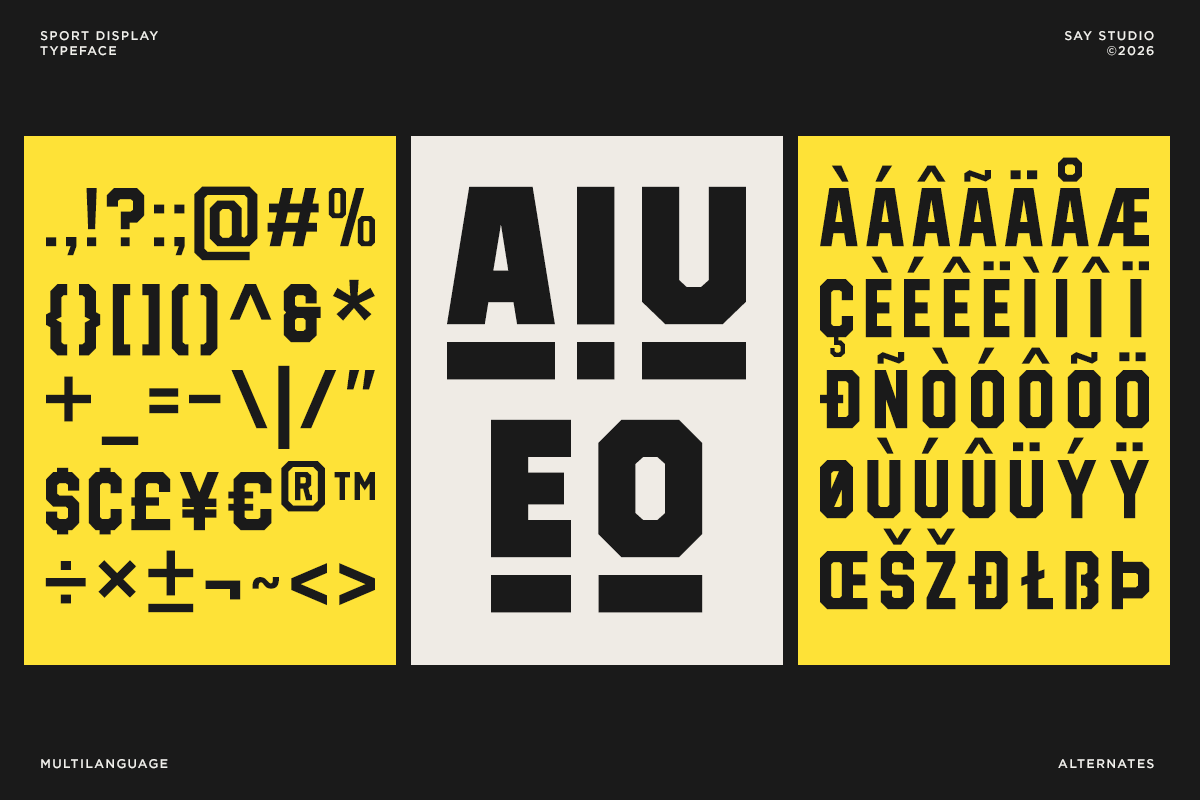 Bold sport typeface with multilingual characters, accents, symbols on yellow, cream, yellow backgrounds