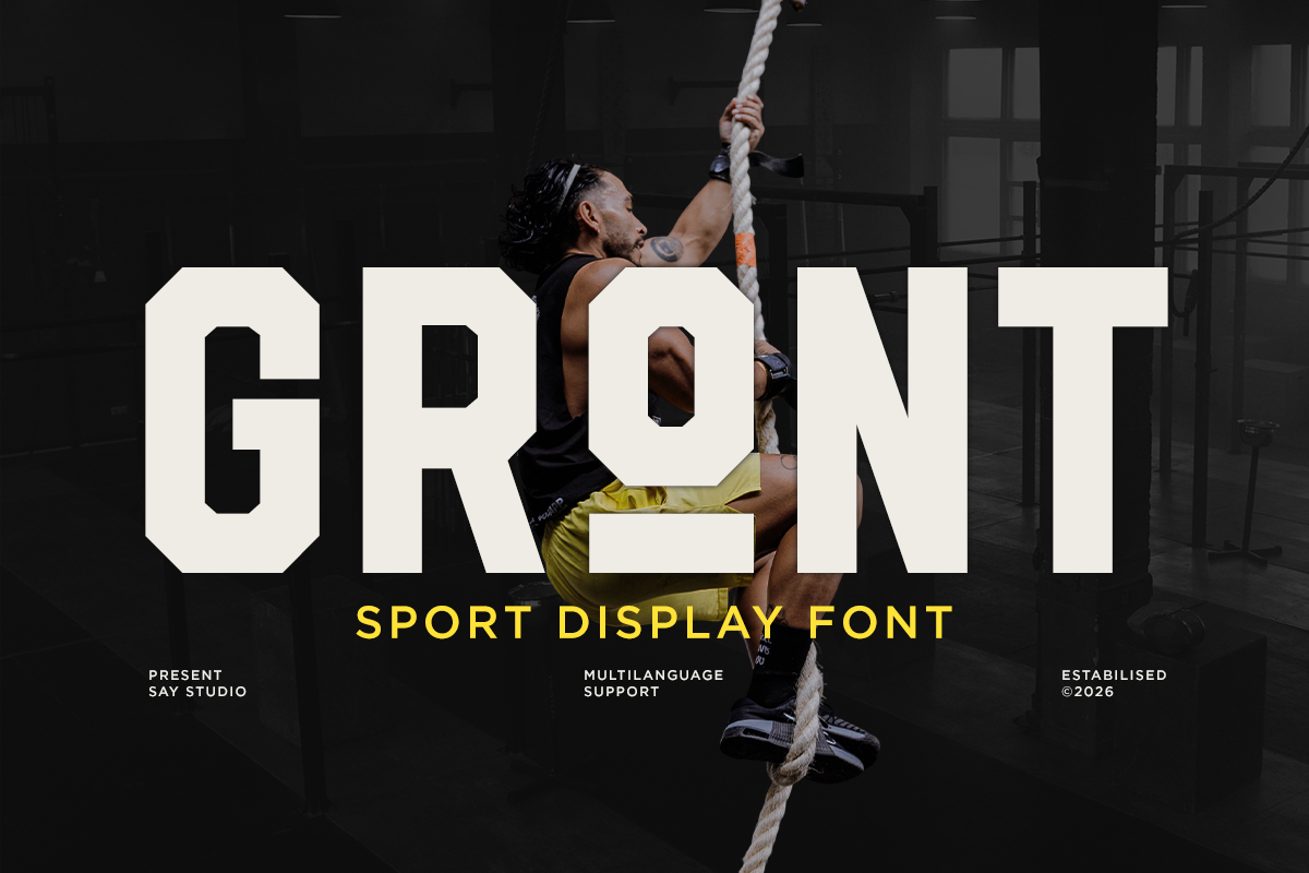 Grond sport display font with athlete climbing rope in dark gym setting