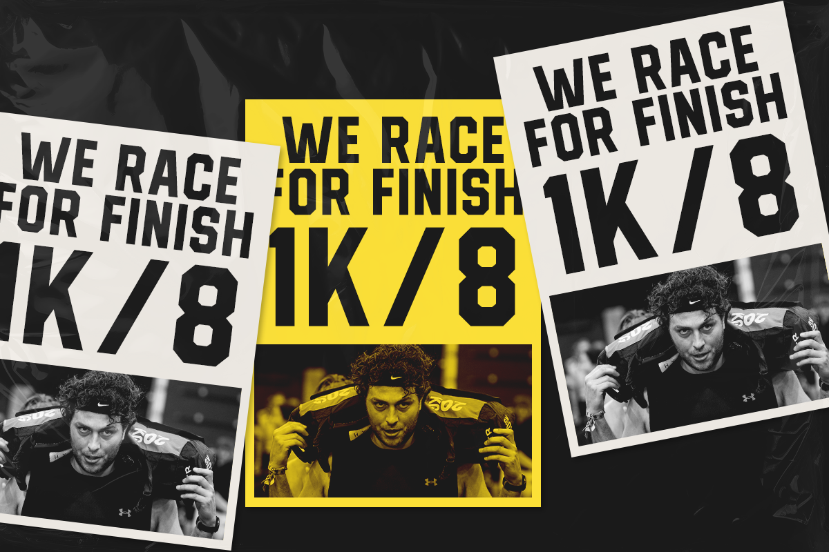 Overlapping sports poster mockups with "We Race for Finish 1K/8" text in bold black, yellow accent frame centered