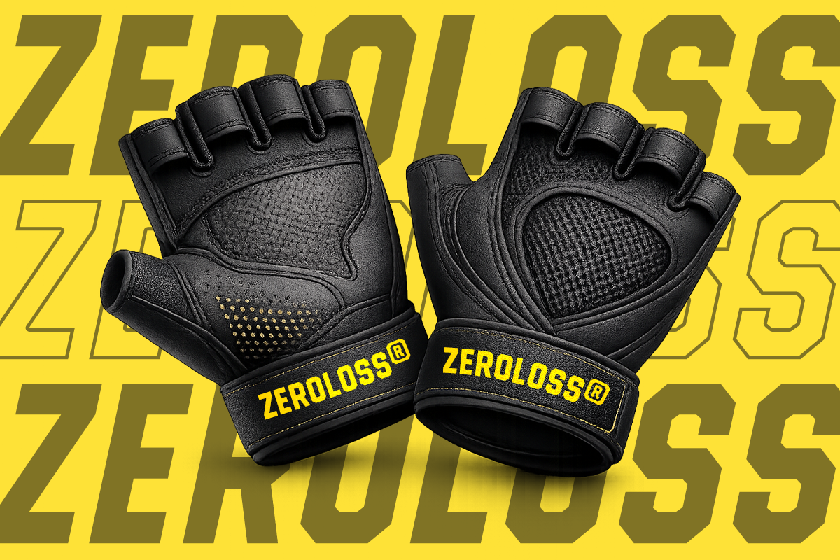 Black fingerless workout gloves with yellow branding on bright yellow background with repeated text