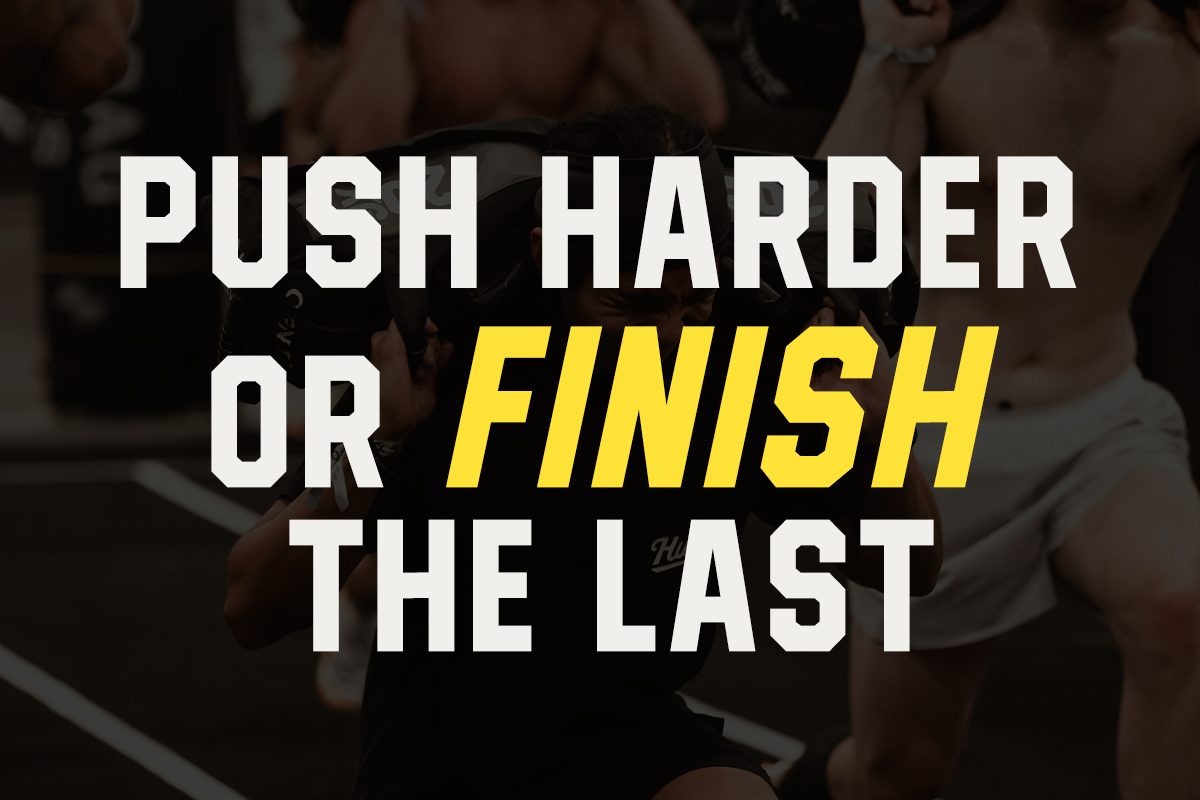 Motivational gym overlay with bold white text, yellow highlight on "finish", fitness background
