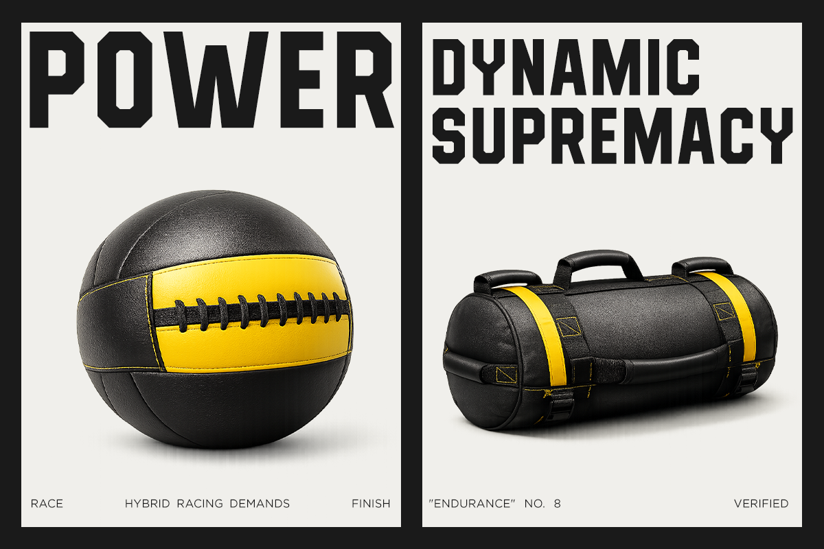 Bold black medicine ball with yellow stripe next to matching gym bag, power theme mockup
