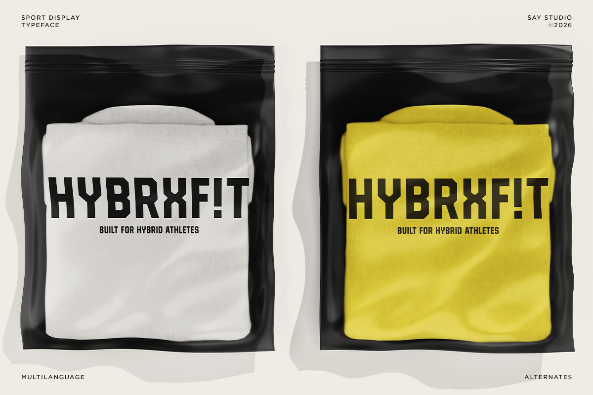Hybrxfit apparel mockup showing white, yellow folded shirts in black pouches with sport display typeface