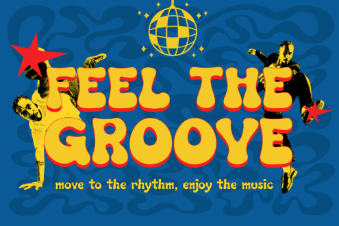 Retro 70s disco poster with yellow bold text, dancing figures, red stars, gold disco ball on blue wavy background