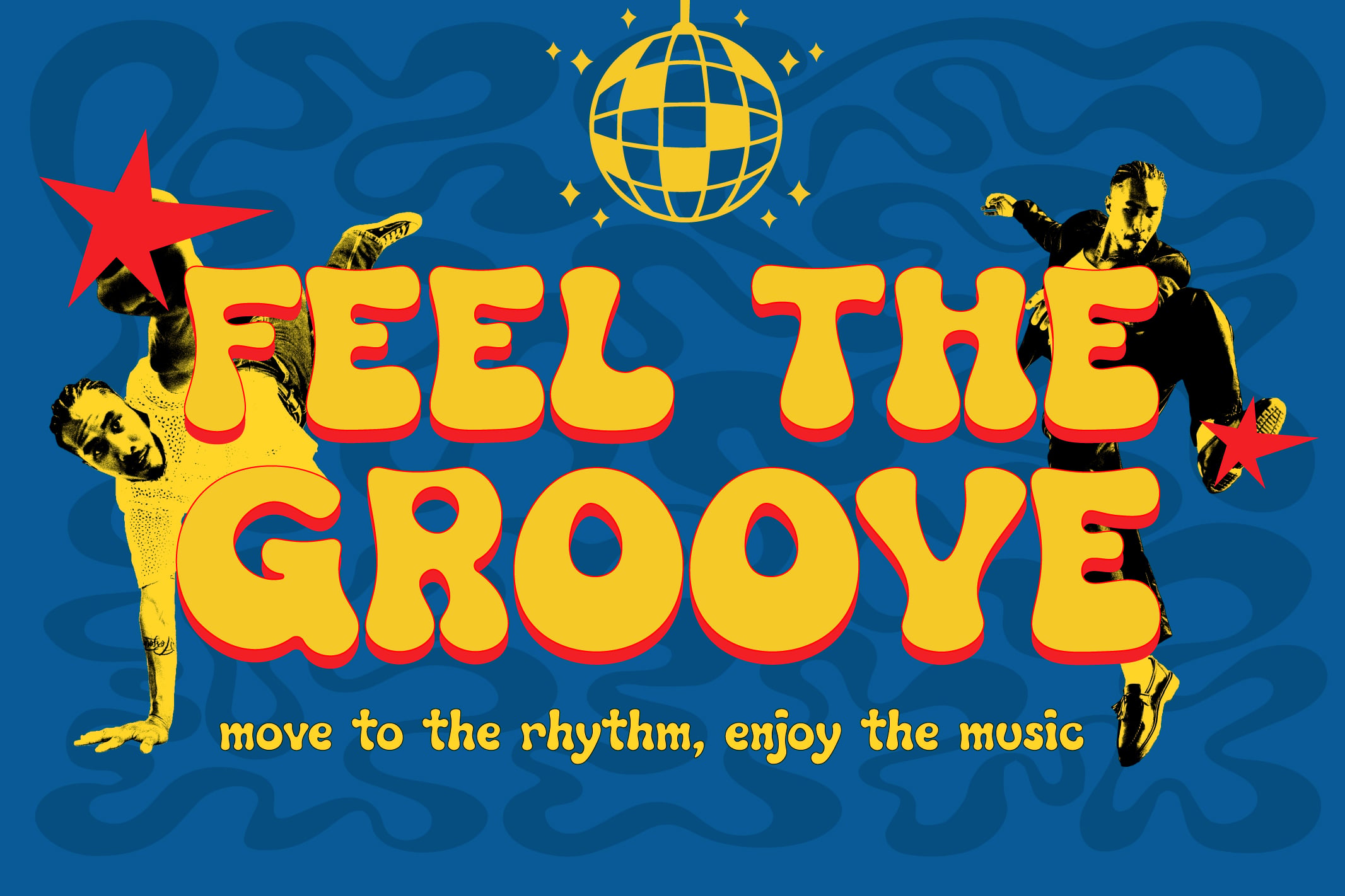 Retro 70s disco poster with yellow bold text, dancing figures, red stars, gold disco ball on blue wavy background