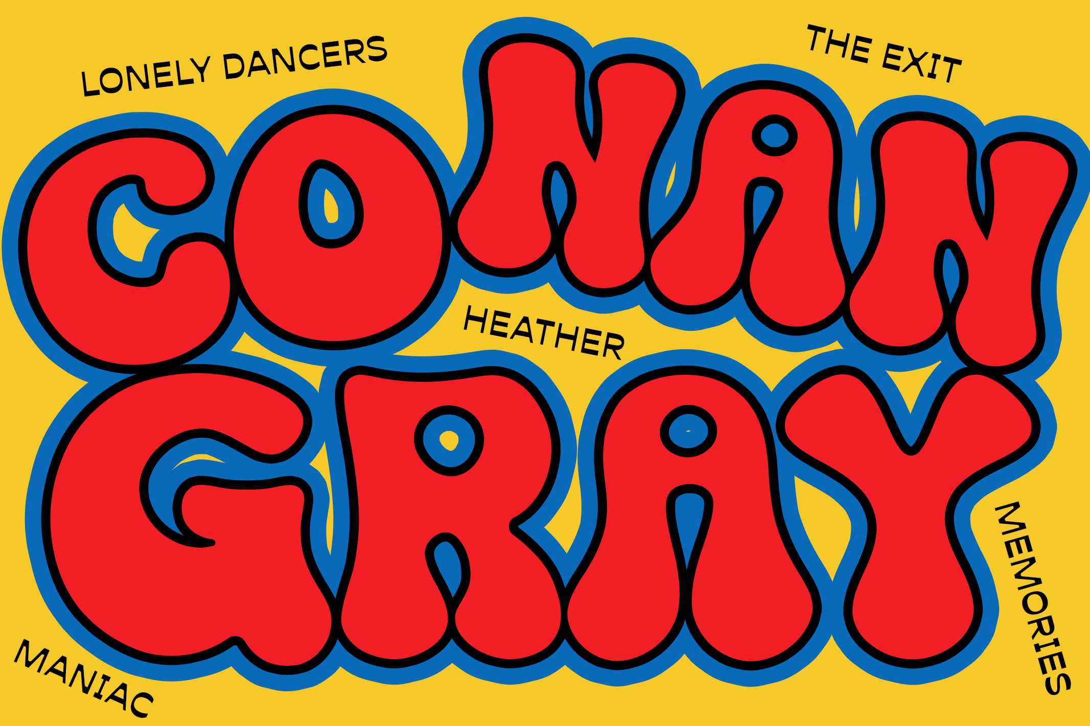 Chunky red bubble letters spelling "Cowboy Crazy" with blue outlines on bright yellow, surrounded by song titles in italic text
