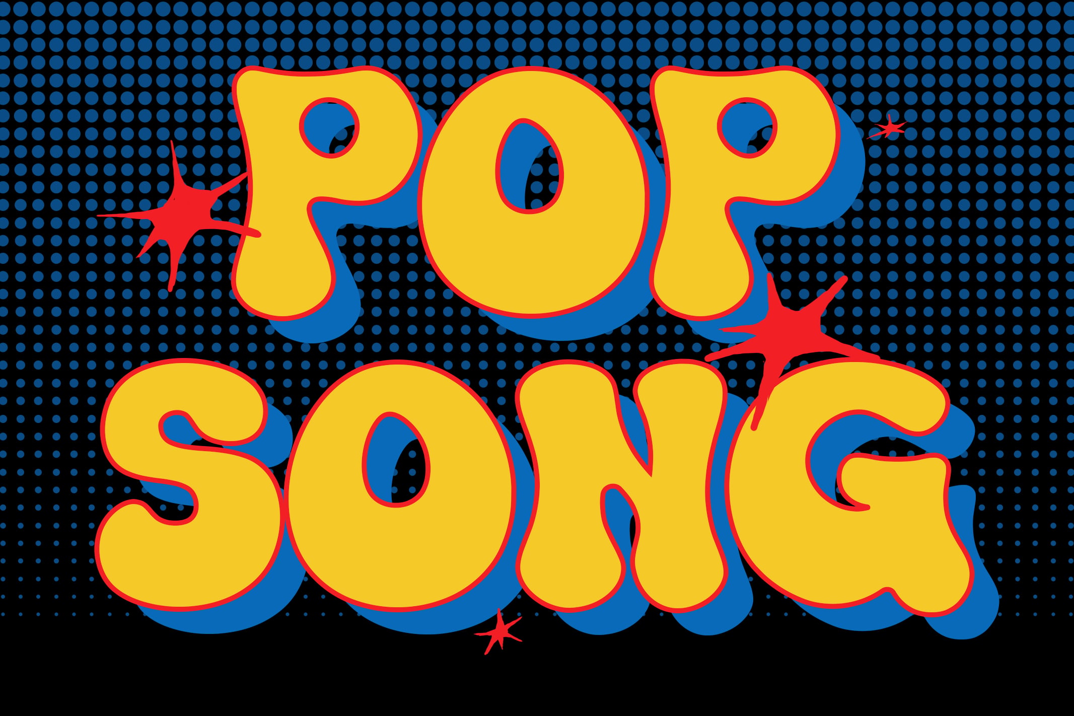 Pop song text in yellow with blue shadow on dotted blue background with red stars