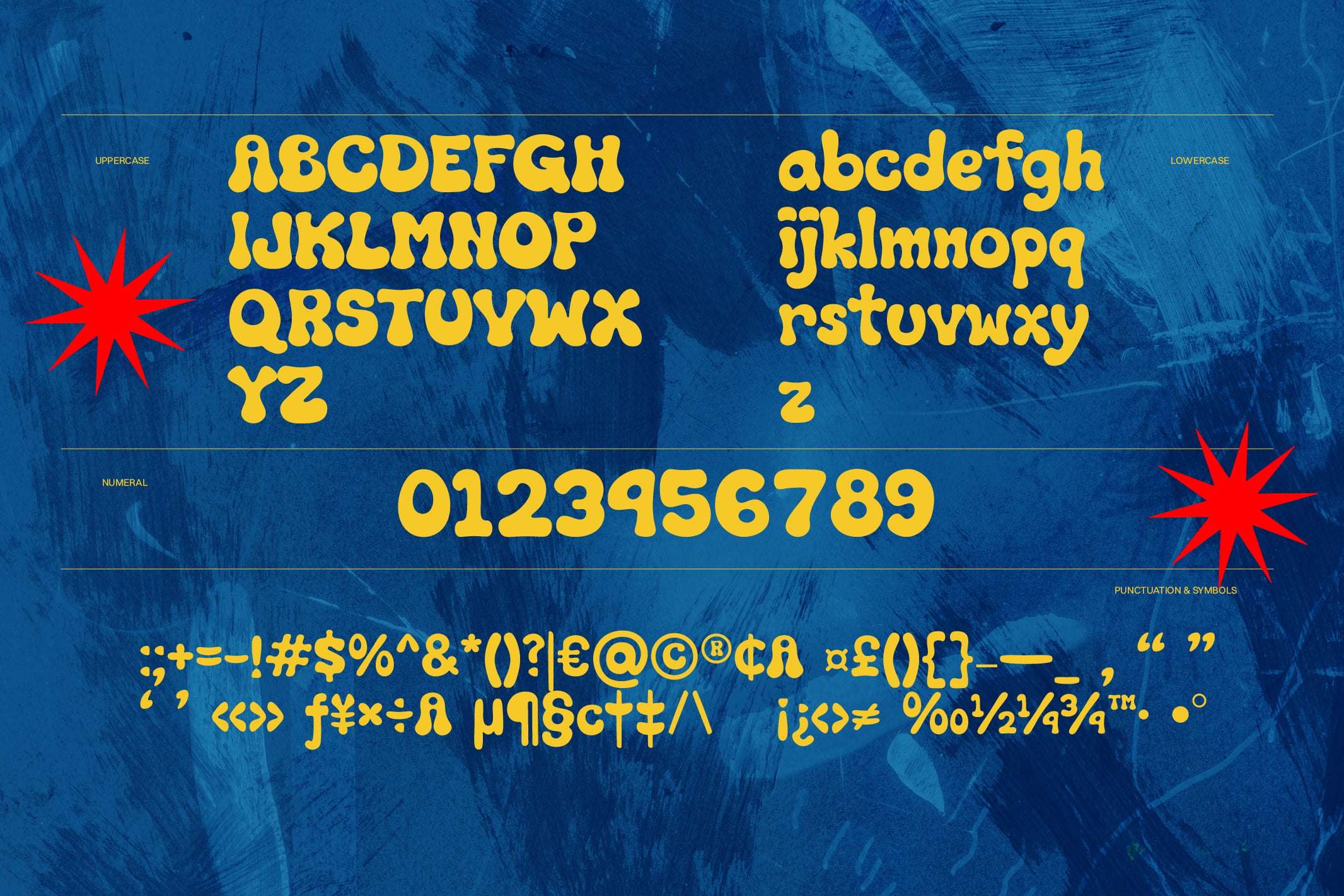 Rounded yellow typeface with uppercase, lowercase, numbers, plus symbols on textured blue background