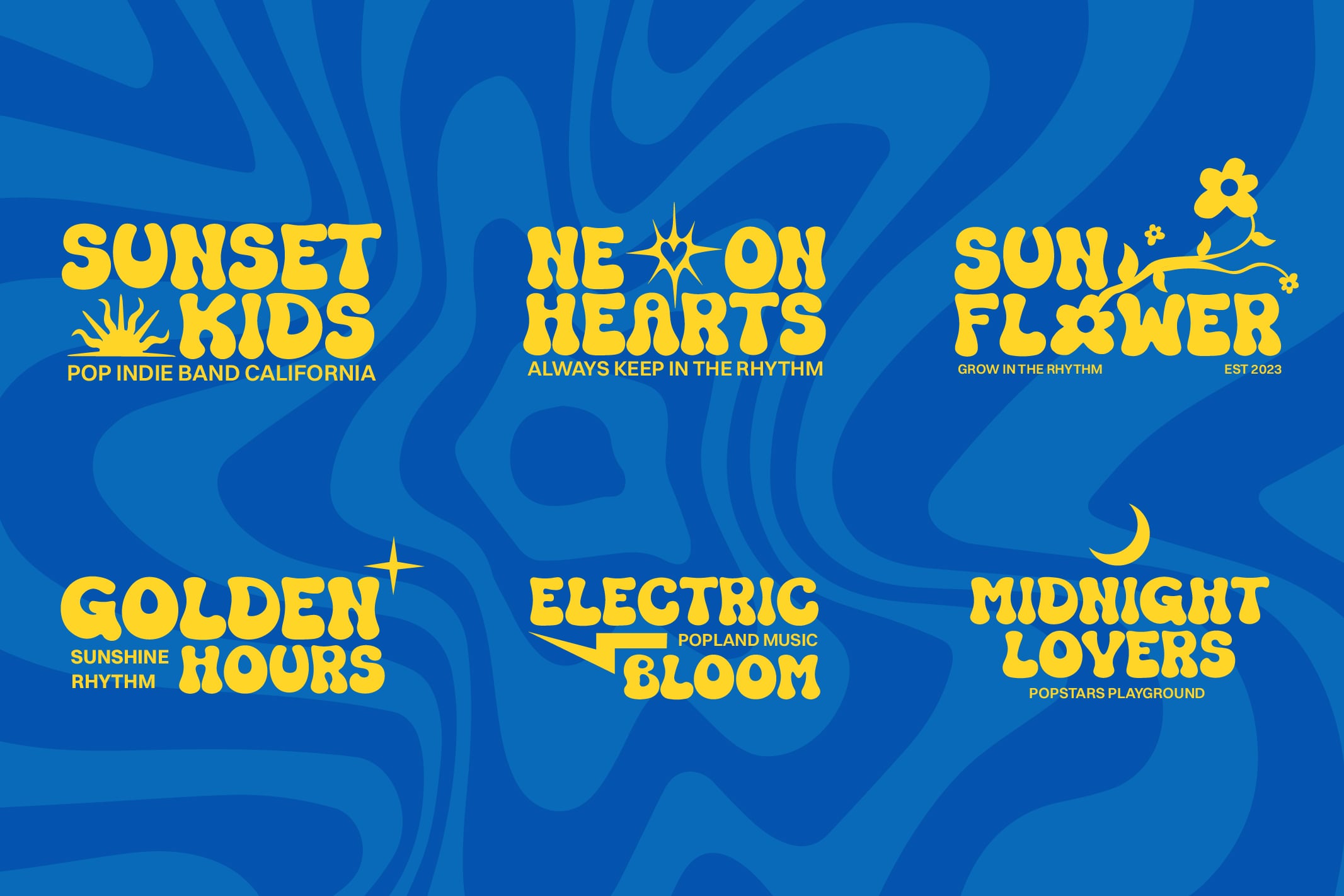 Six retro band logo designs in bold yellow type on deep blue wavy background