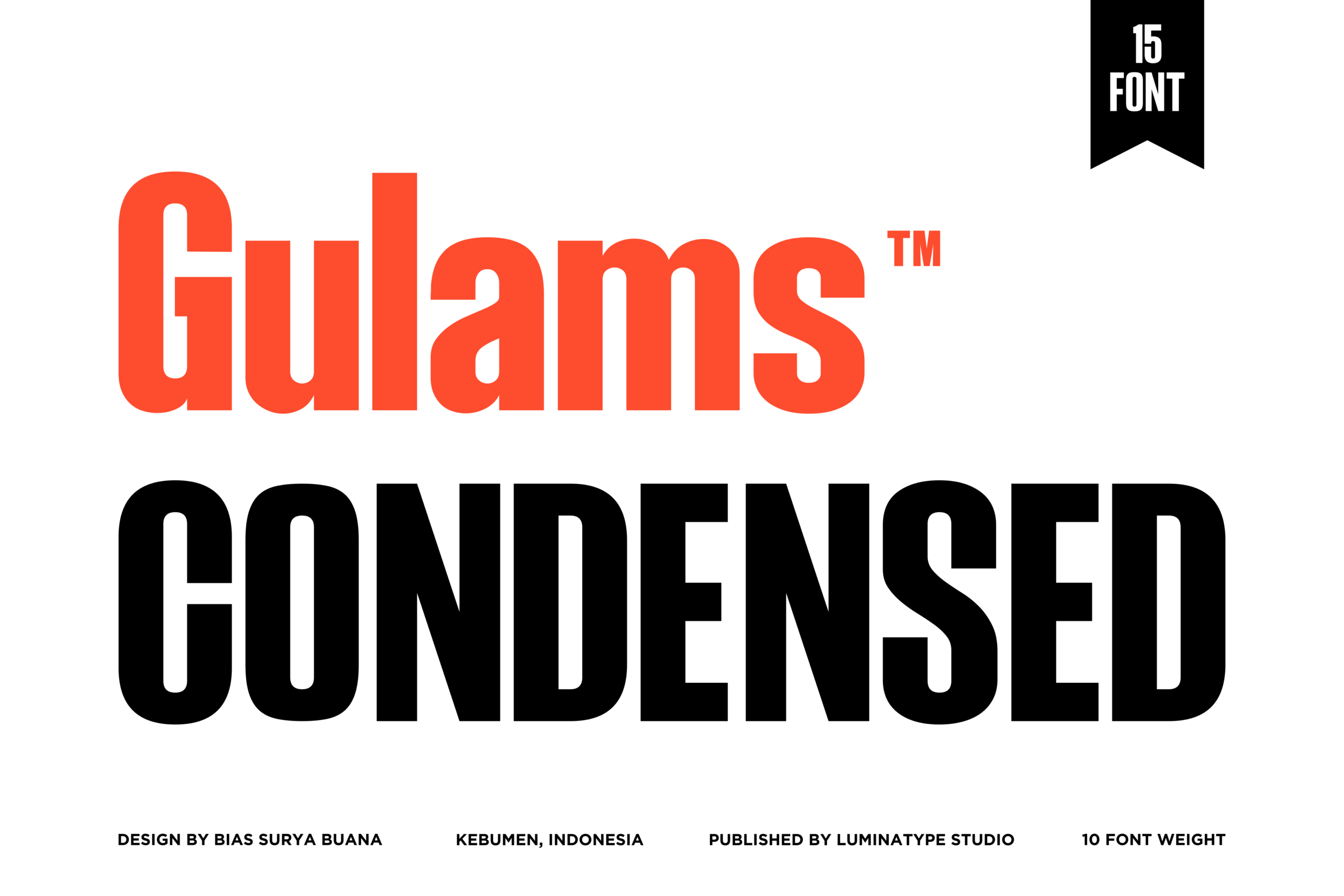 Gillams Condensed font family showing bold red uppercase letters over thick black condensed typeface
