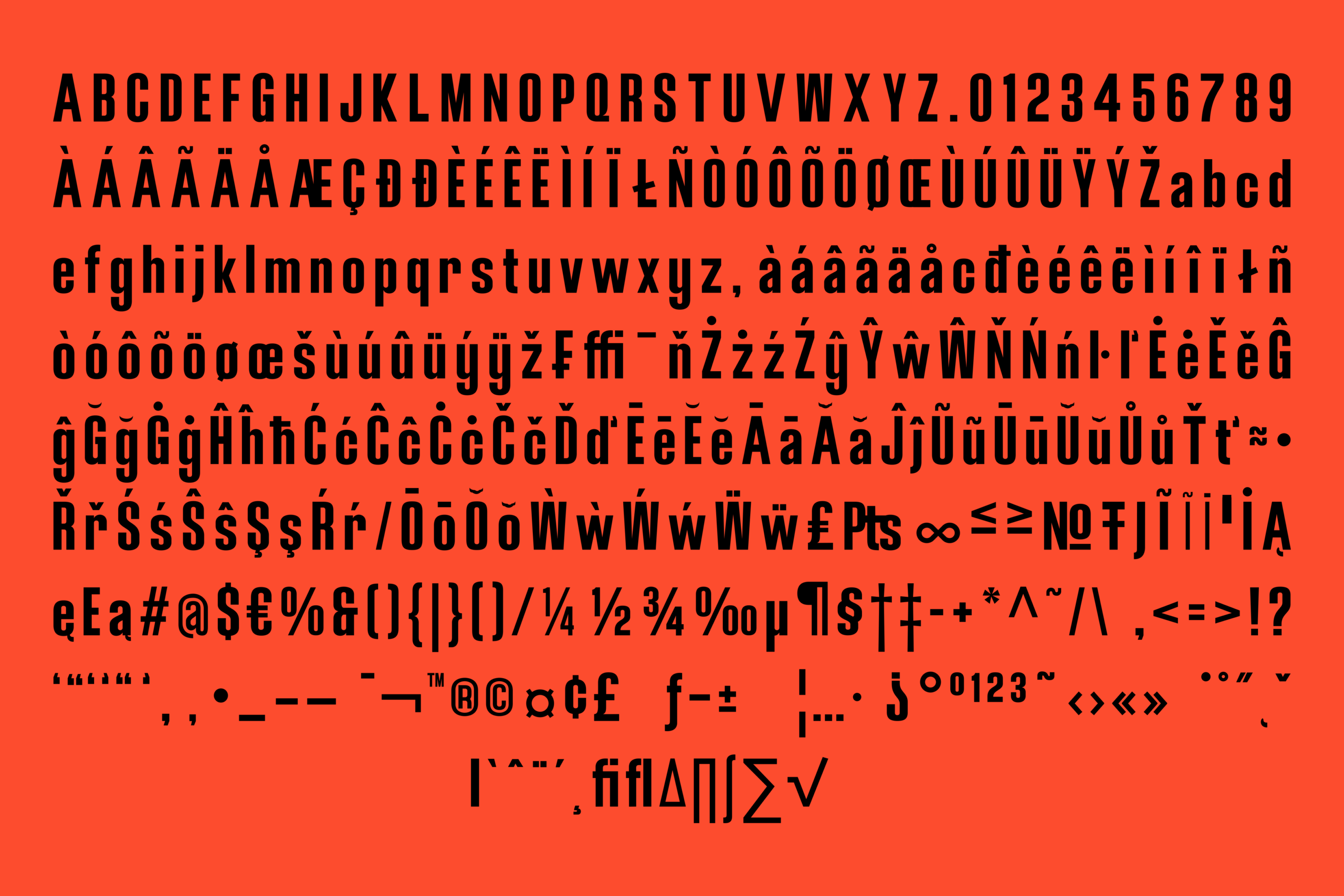 Bold sans serif typeface showing full character set with accents on bright orange background