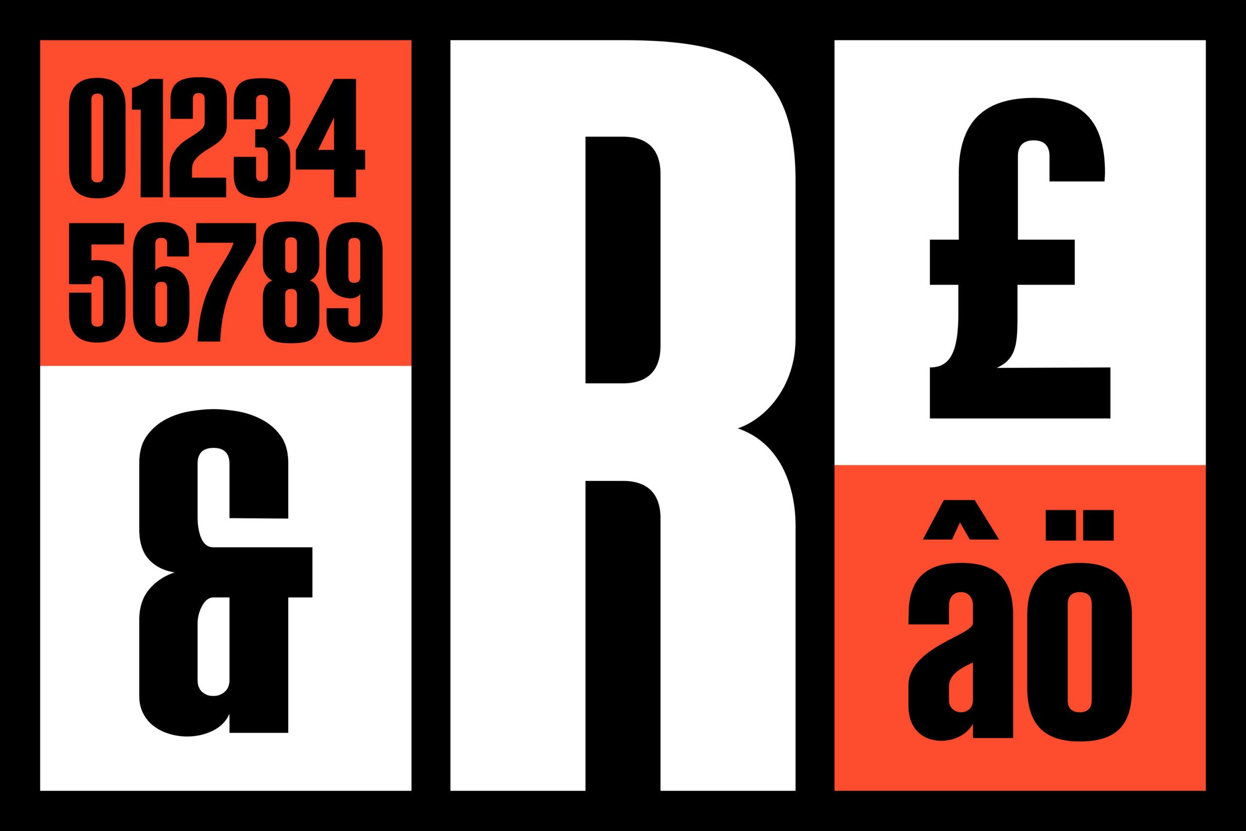 Bold typography mockup with stacked numbers, oversized letters, orange color blocks on white background