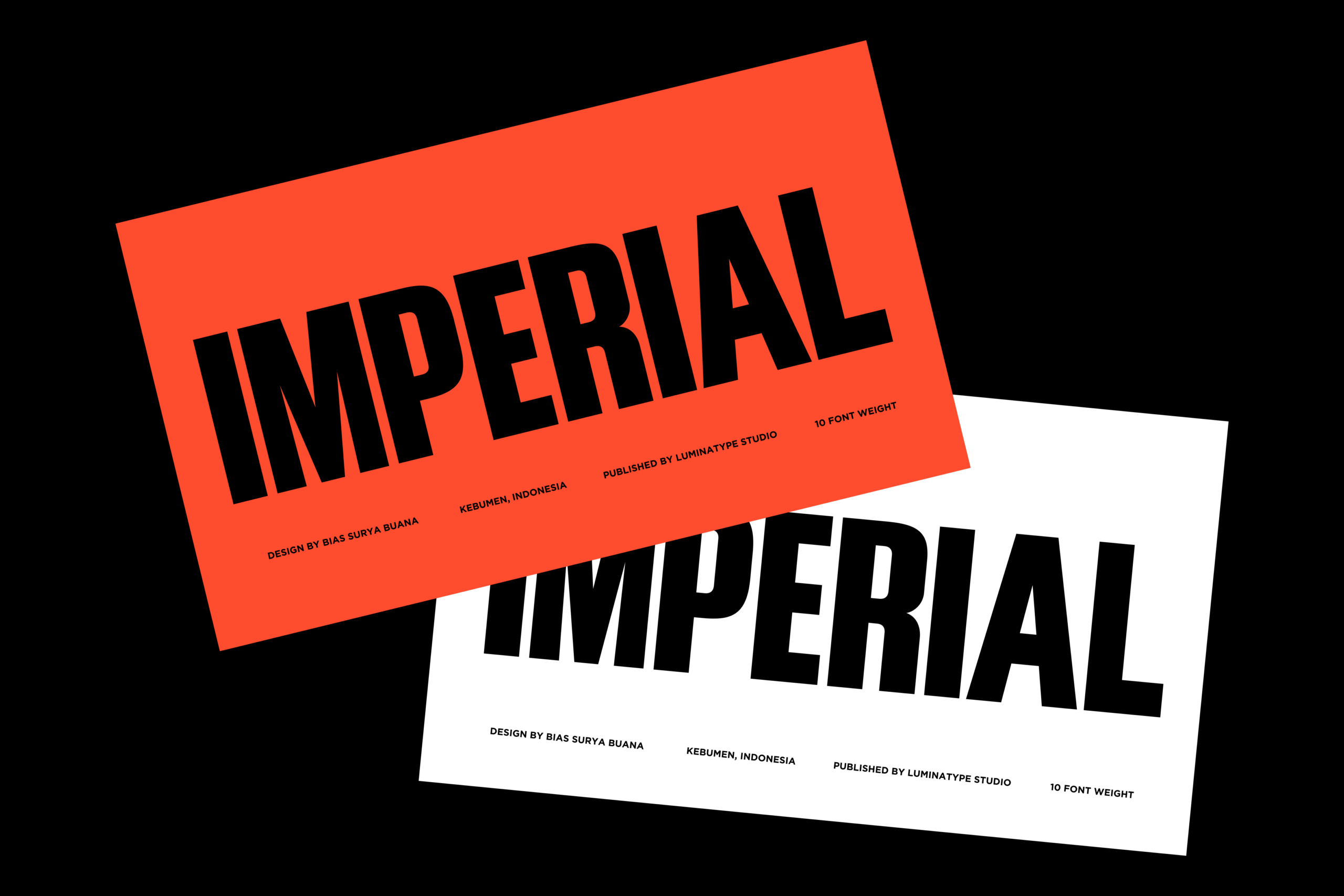 Imperial font family displayed in bold black on coral plus white backgrounds