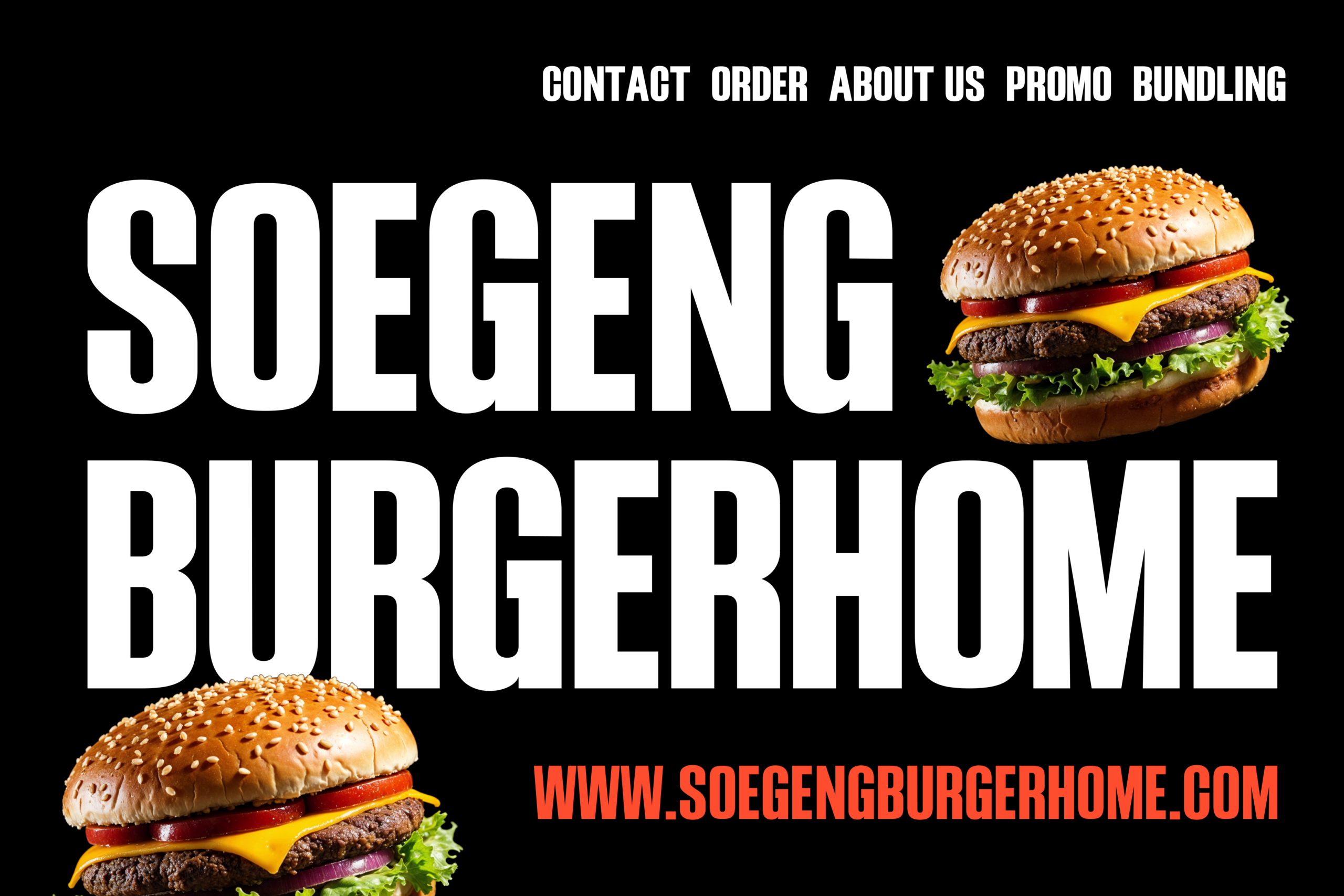 Bold burger restaurant website mockup with sesame seed buns, melted cheese, lettuce on black background