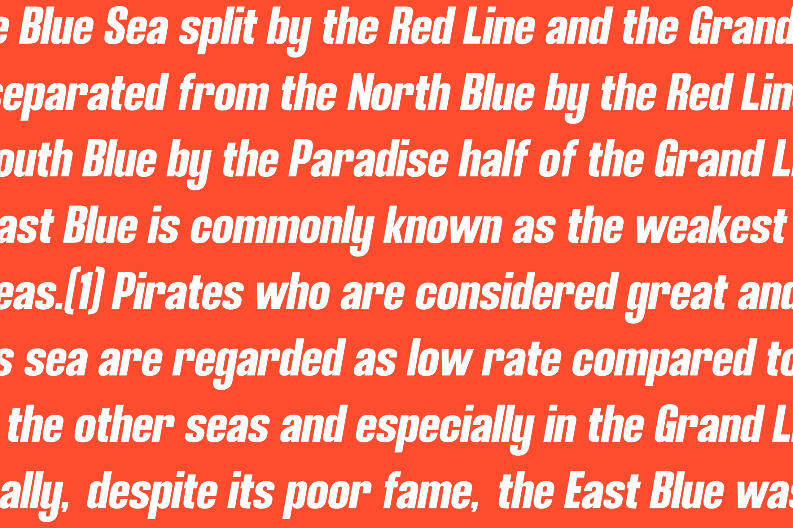 White italic text on bright orange background with overlapping lines of body copy