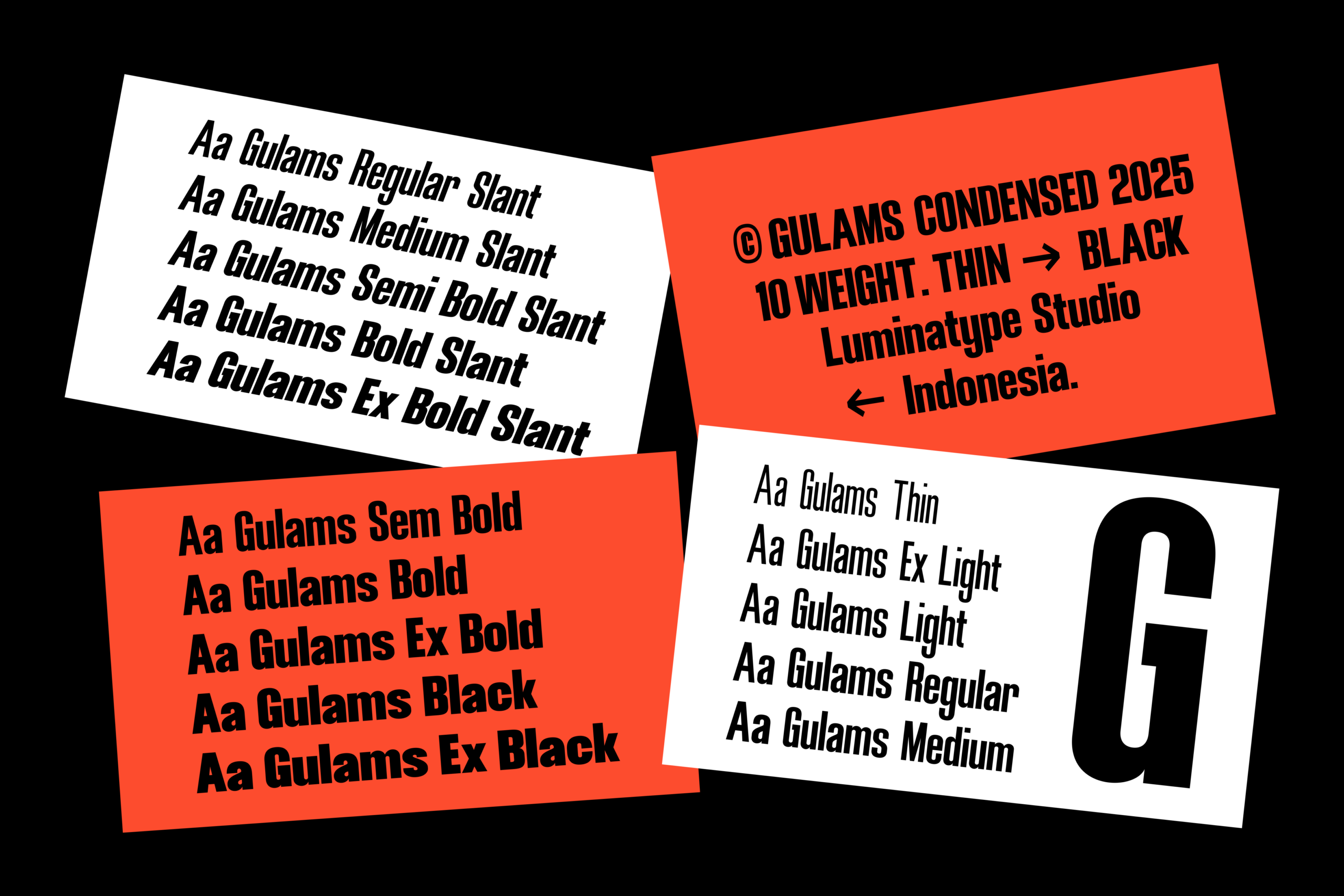 Gulams Condensed 2025 font family showing all weights from thin to black in slanted italic styles