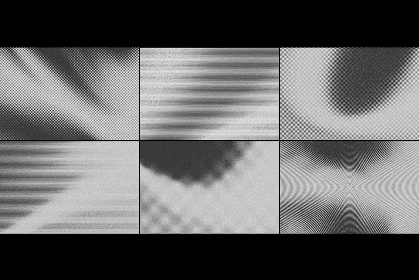 Grid of six grayscale texture samples showing halftone patterns, gradients, noise with varying density