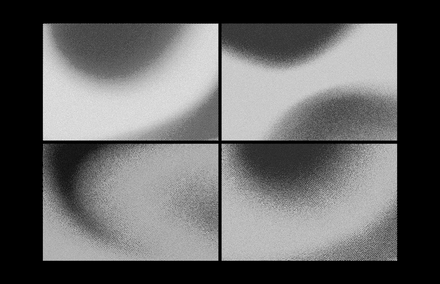 Four grayscale texture panels with halftone dots, gradients, wavy lines showing print effects