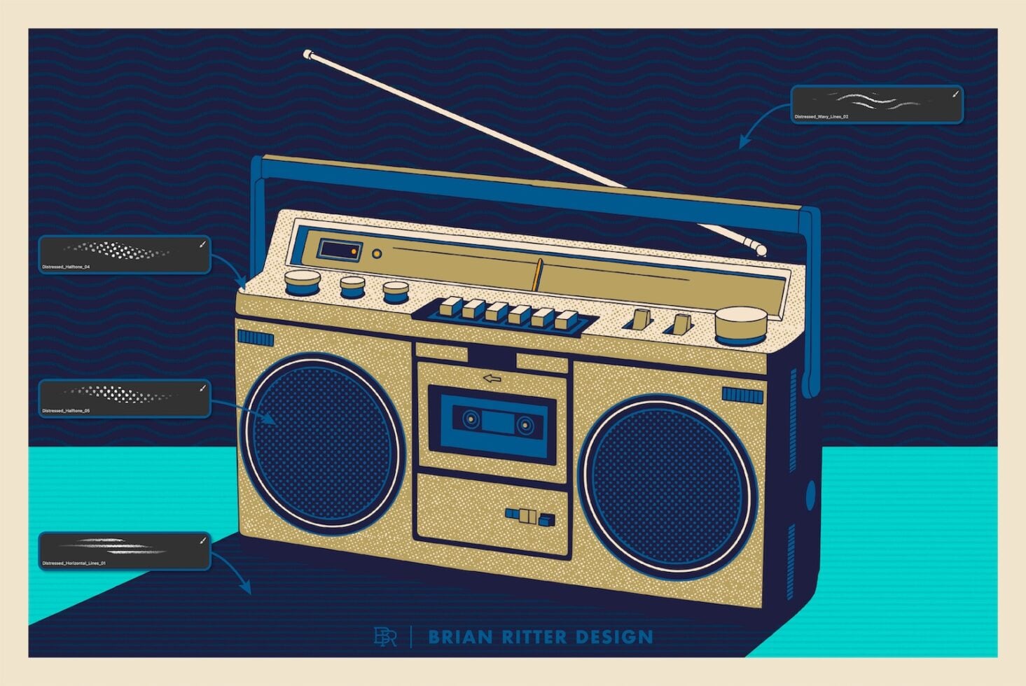 Retro boombox illustration with gold finish, blue accents, labeled design elements visible