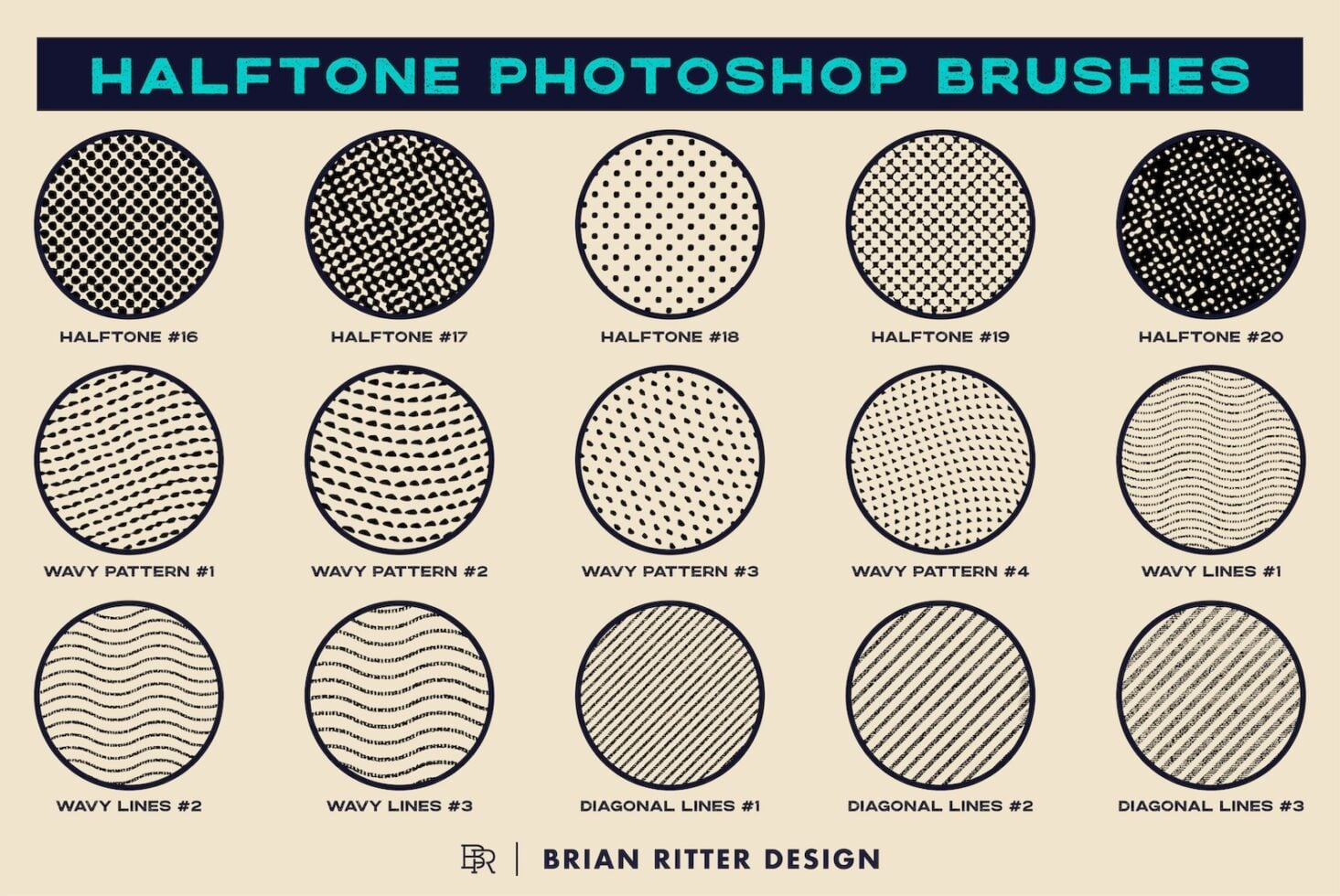 15 halftone Photoshop brushes with dots, waves, lines in circular swatches on cream background