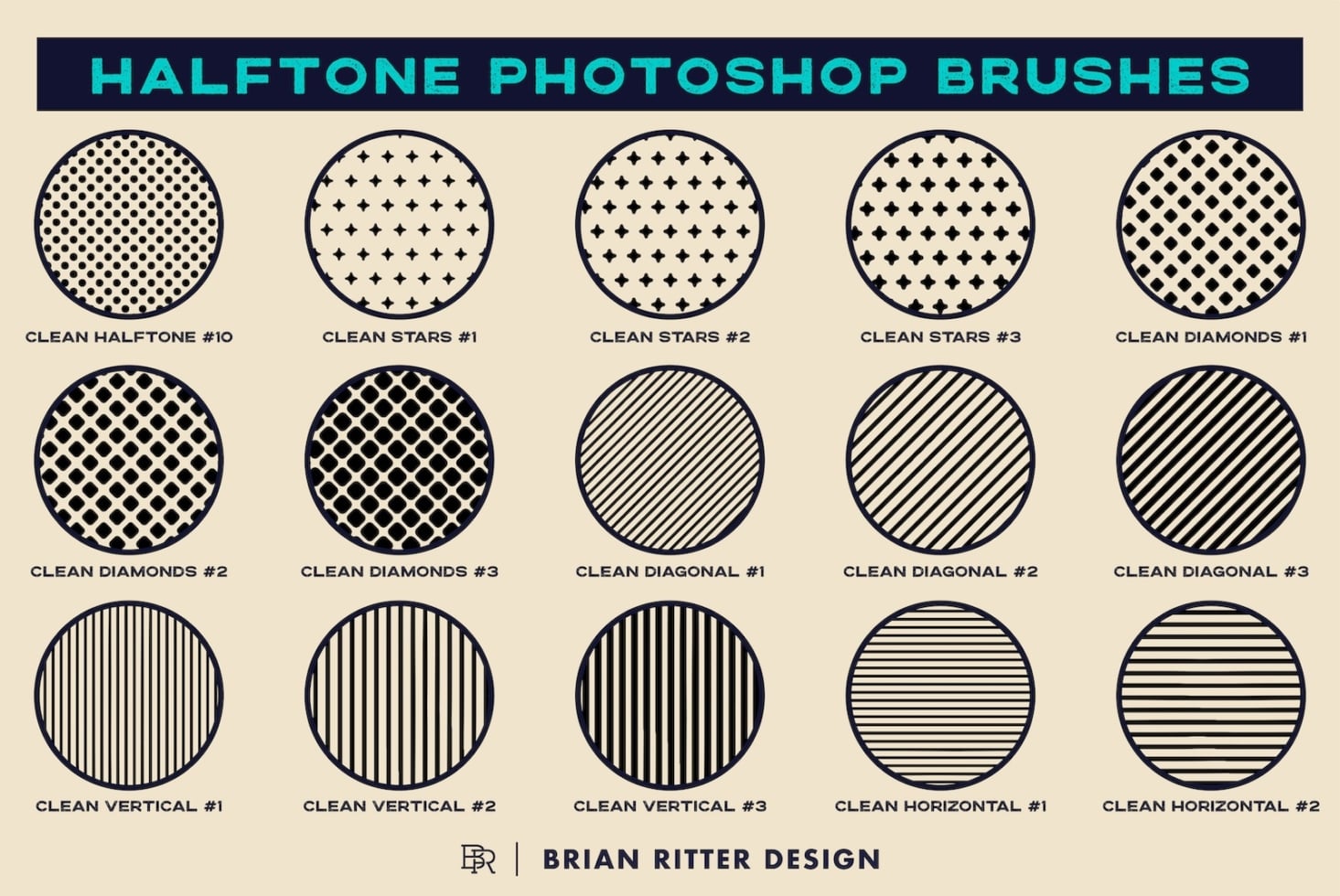 Clean halftone brush pack with dots, stars, diamonds, lines for Photoshop