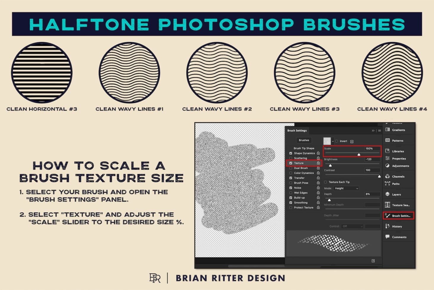 Halftone Photoshop brushes with wavy lines plus texture scaling tutorial screenshot