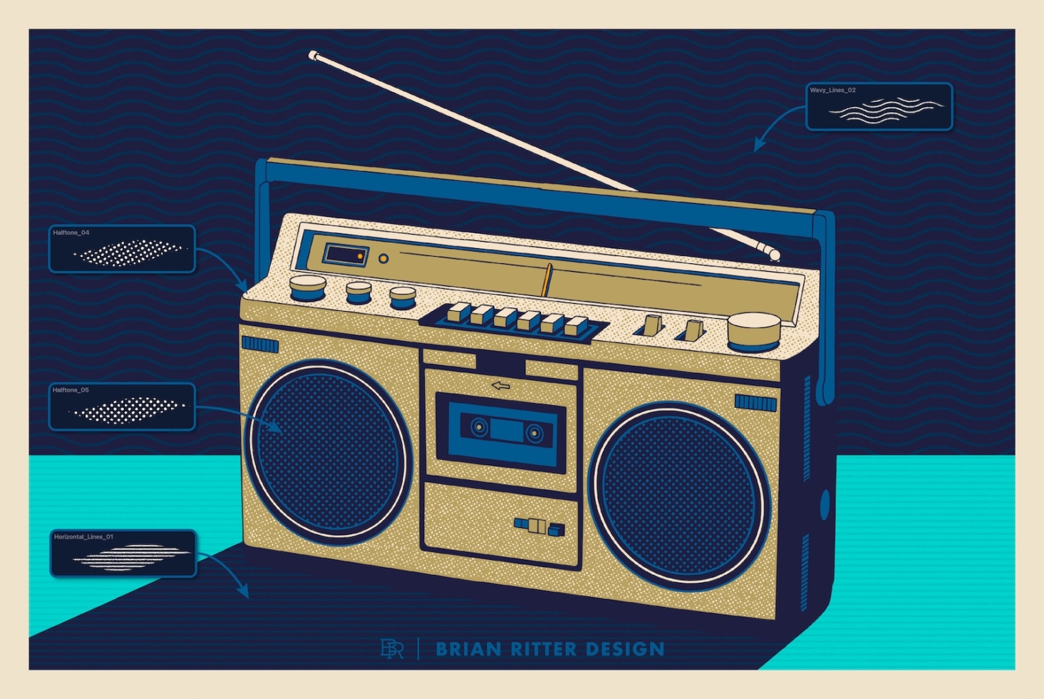 Retro boombox illustration with gold finish, dual speakers, cassette deck, plus line pattern swatches