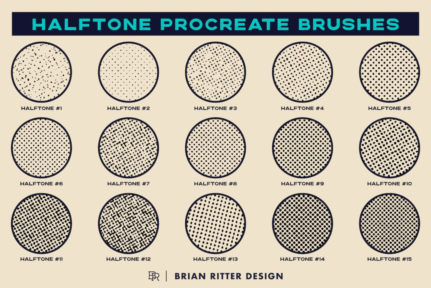 Halftone Procreate brushes collection showing 15 dot pattern variations from sparse to dense