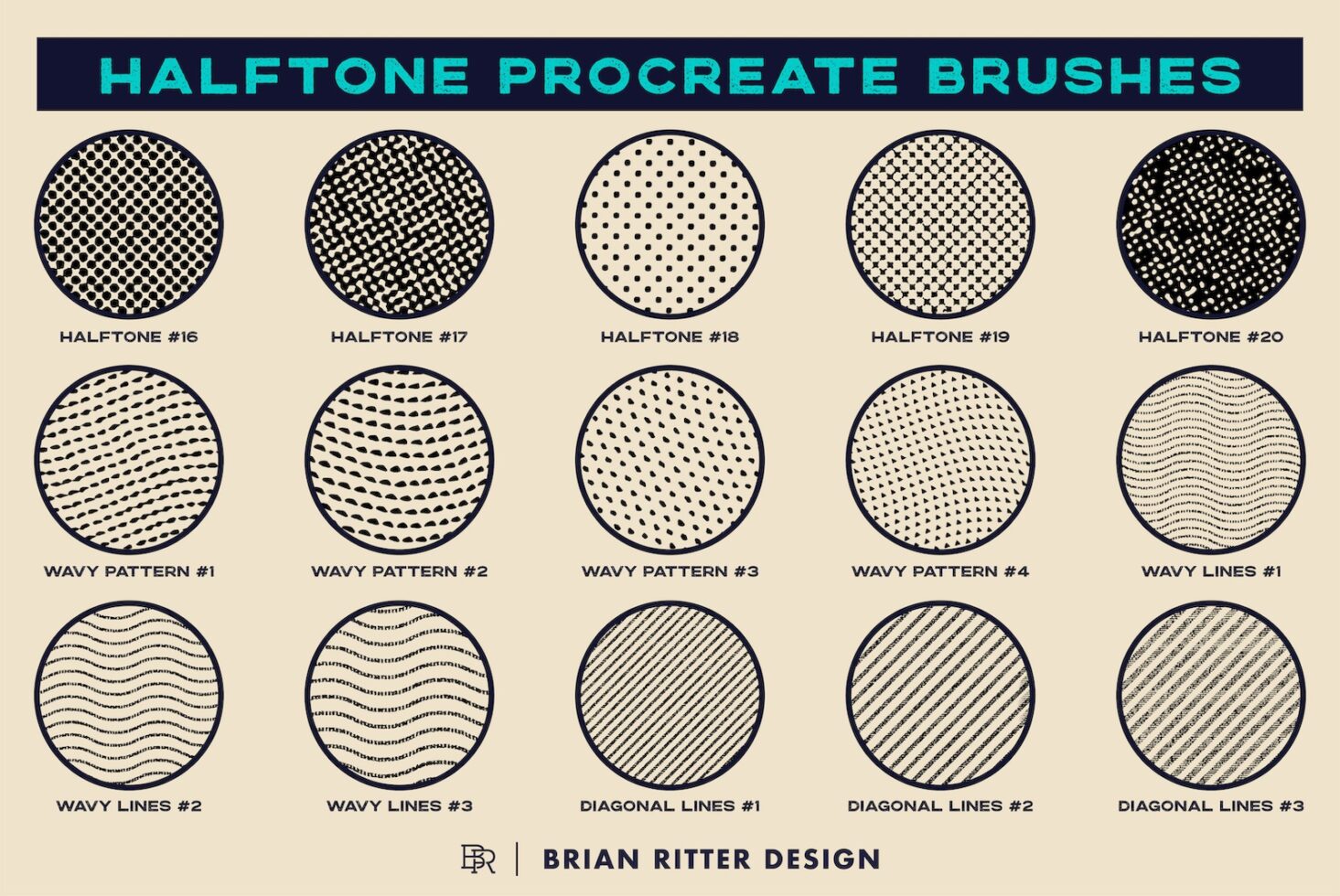 Halftone Procreate brush set with 15 circular pattern swatches in black on cream background