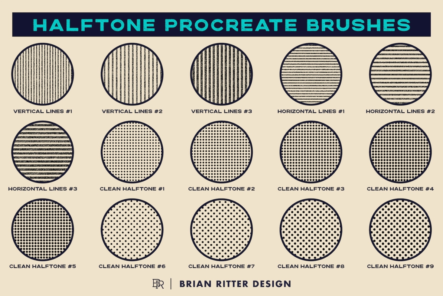 Halftone Procreate brush collection with vertical lines, horizontal lines, dots in varying densities