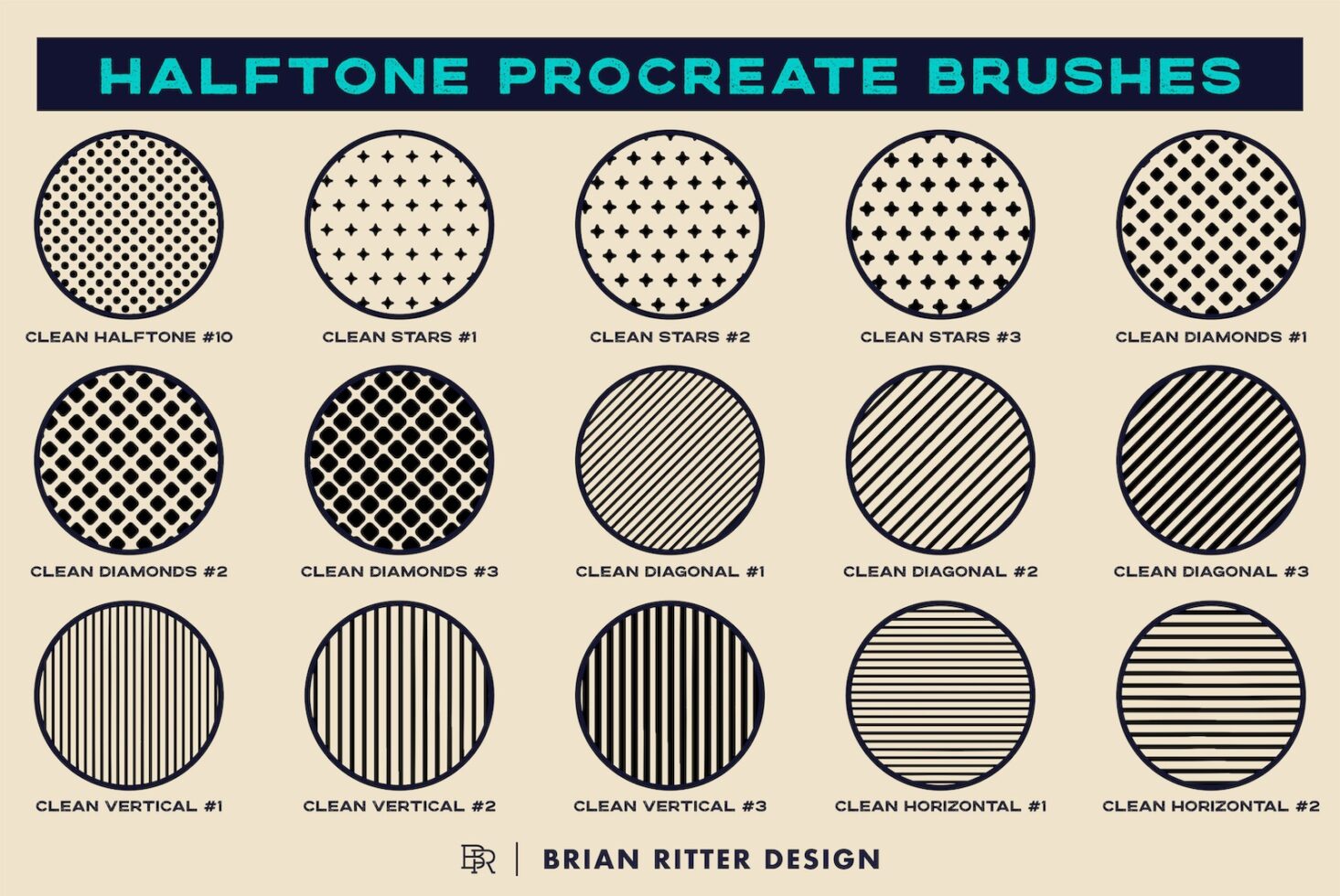 Fifteen halftone Procreate brushes with dots, stars, diamonds, plus diagonal, vertical, horizontal line patterns