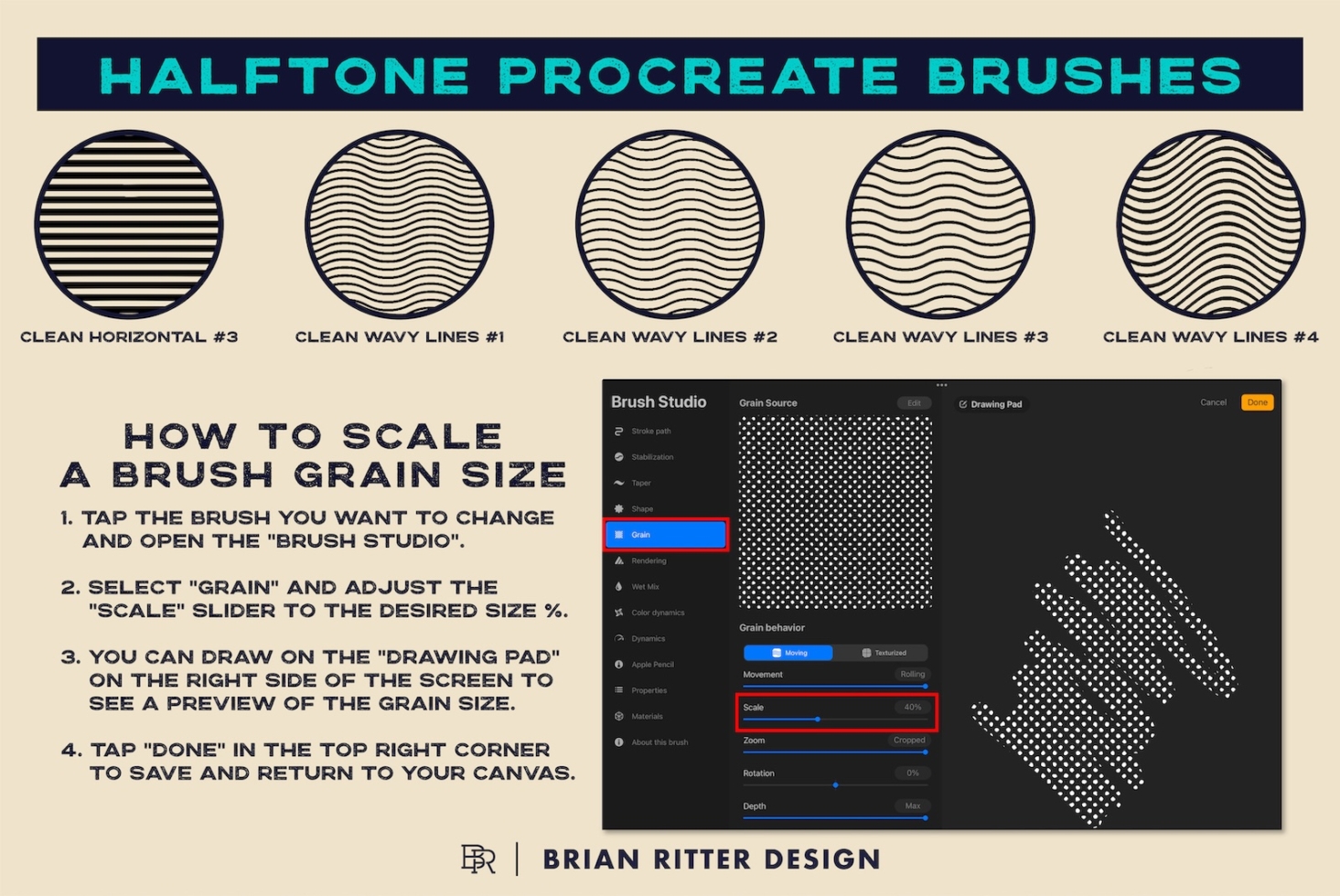 Halftone Procreate brushes set with five line pattern variations plus Brush Studio tutorial showing grain scaling controls