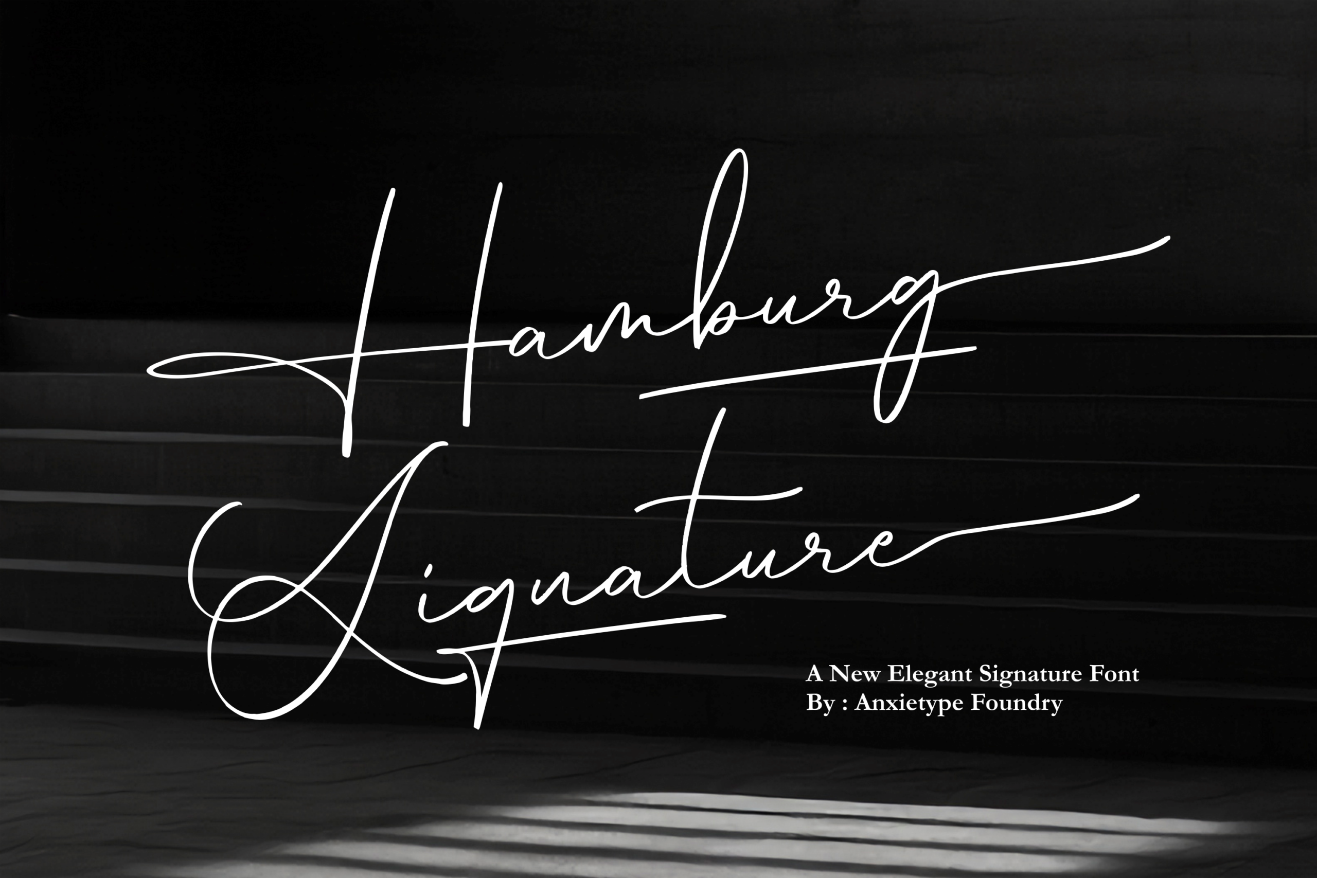 Hamburg Signature font in flowing white script on dark textured background
