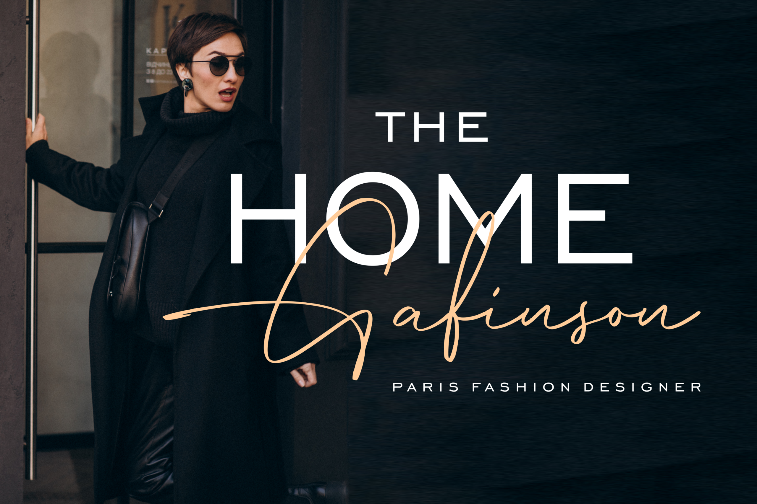 Stylish woman in black outfit with sunglasses leaning on dark door with gold script typography overlay