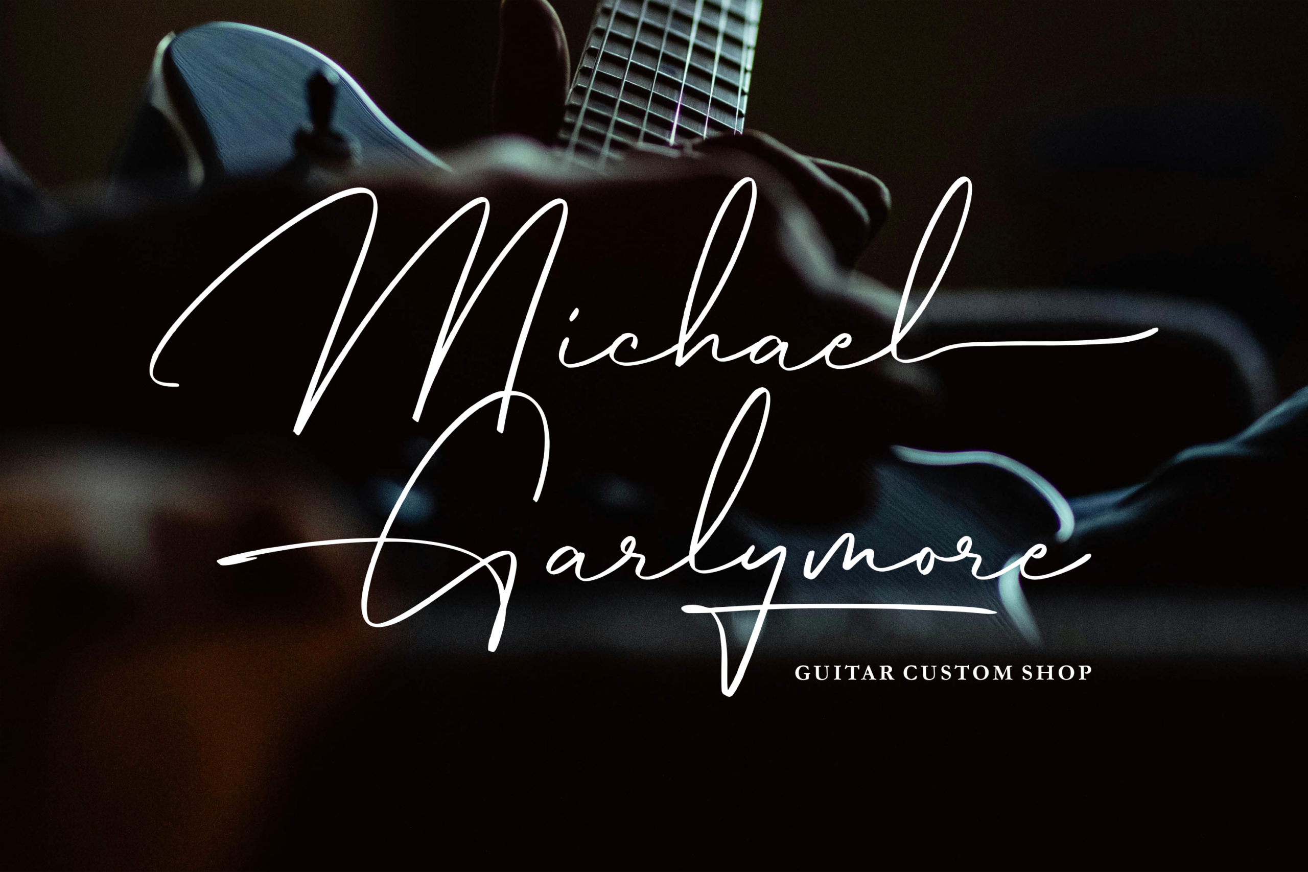 Elegant script logo overlay on moody guitar photo for custom shop branding