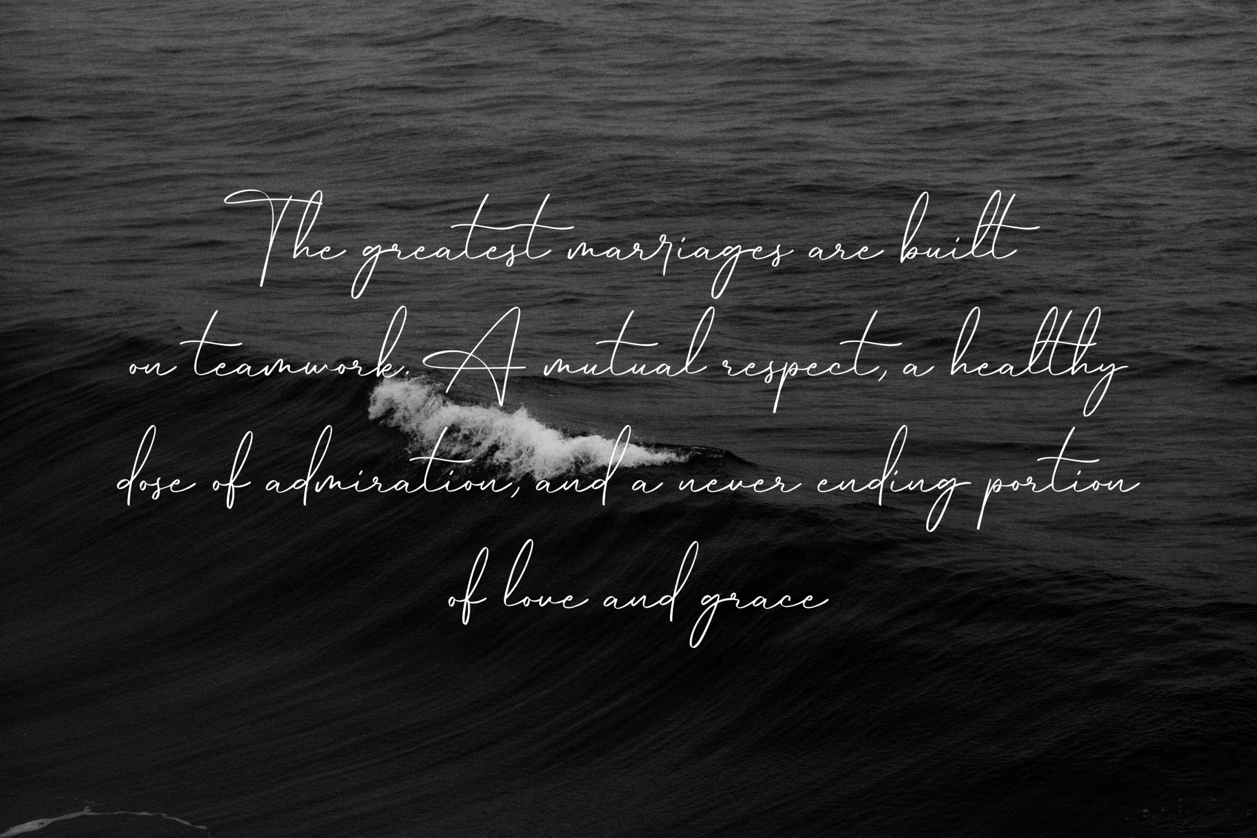 Elegant script text overlay on moody black ocean waves with white foam breaking through